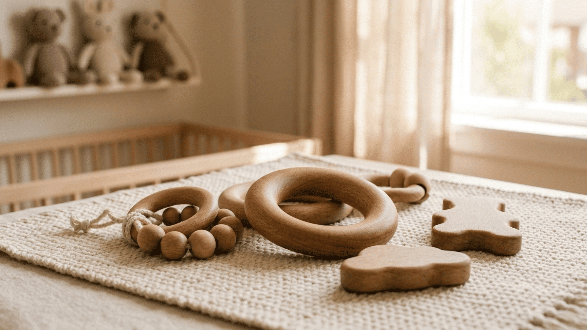 natural wooden rings, beads and animal-shaped teething toys arranged on a knitted nursery blanket