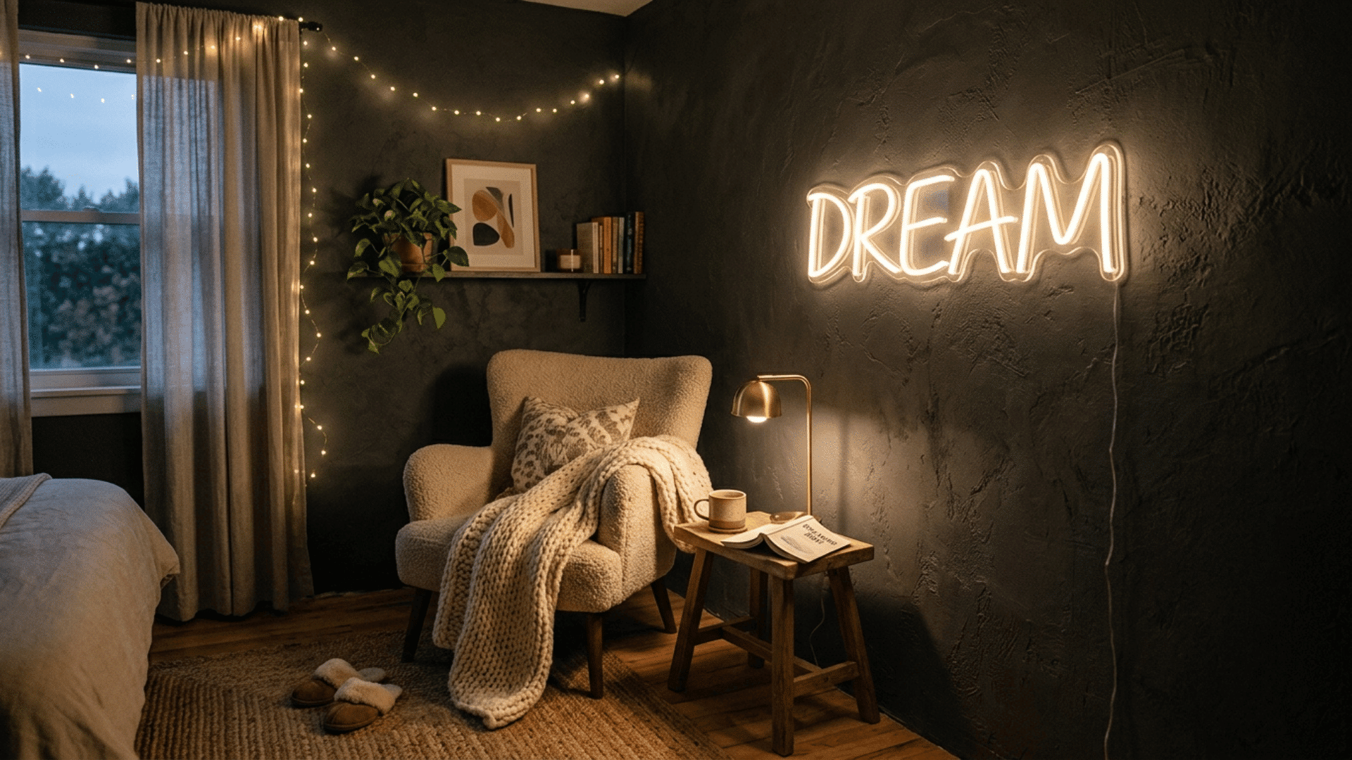 glowing led word sign mounted on a textured wall in a cozy bedroom corner