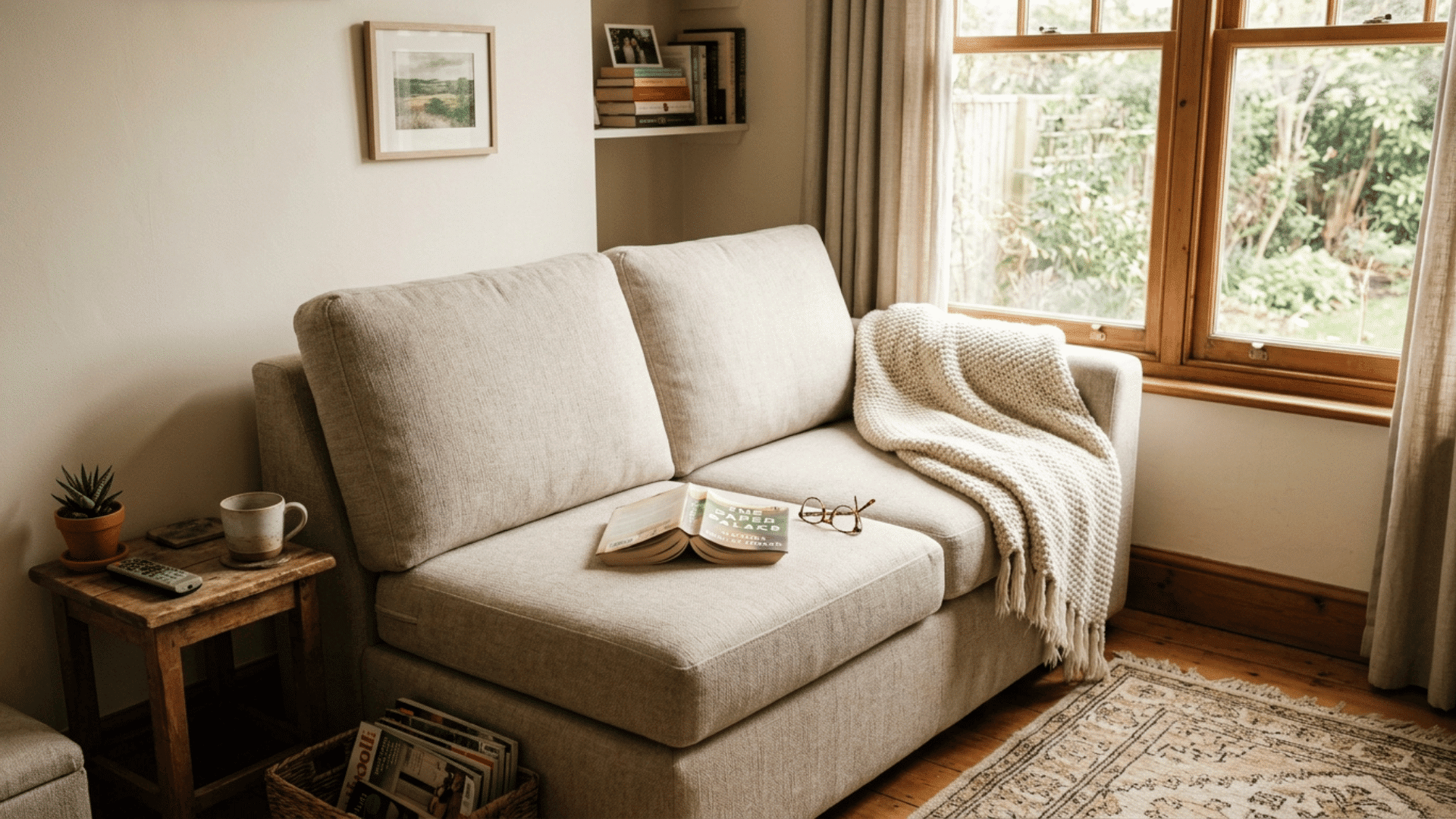 neutral sofa bed folded up as seating in a small guest bedroom used as a sitting area