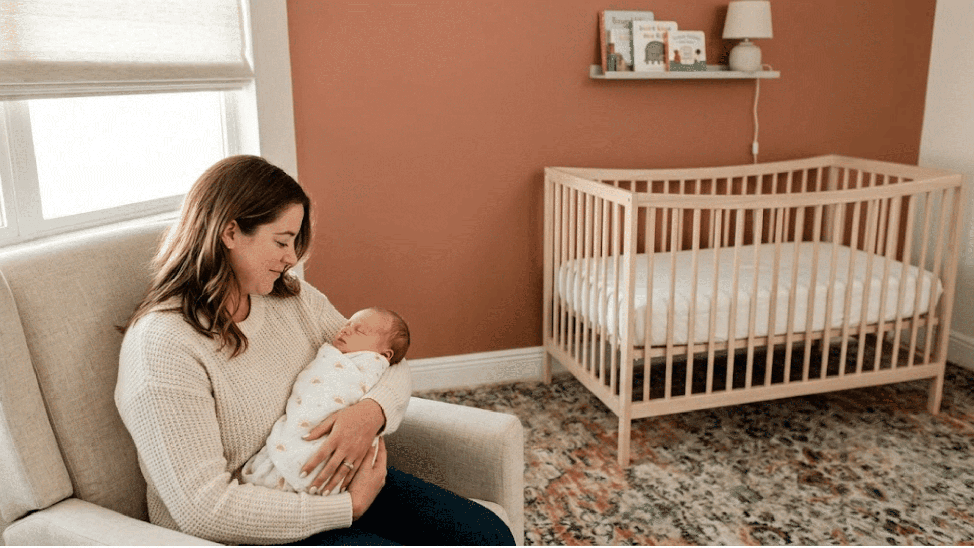 mother holds a sleeping newborn in a warm nursery beside a wooden crib and softly lit window at home