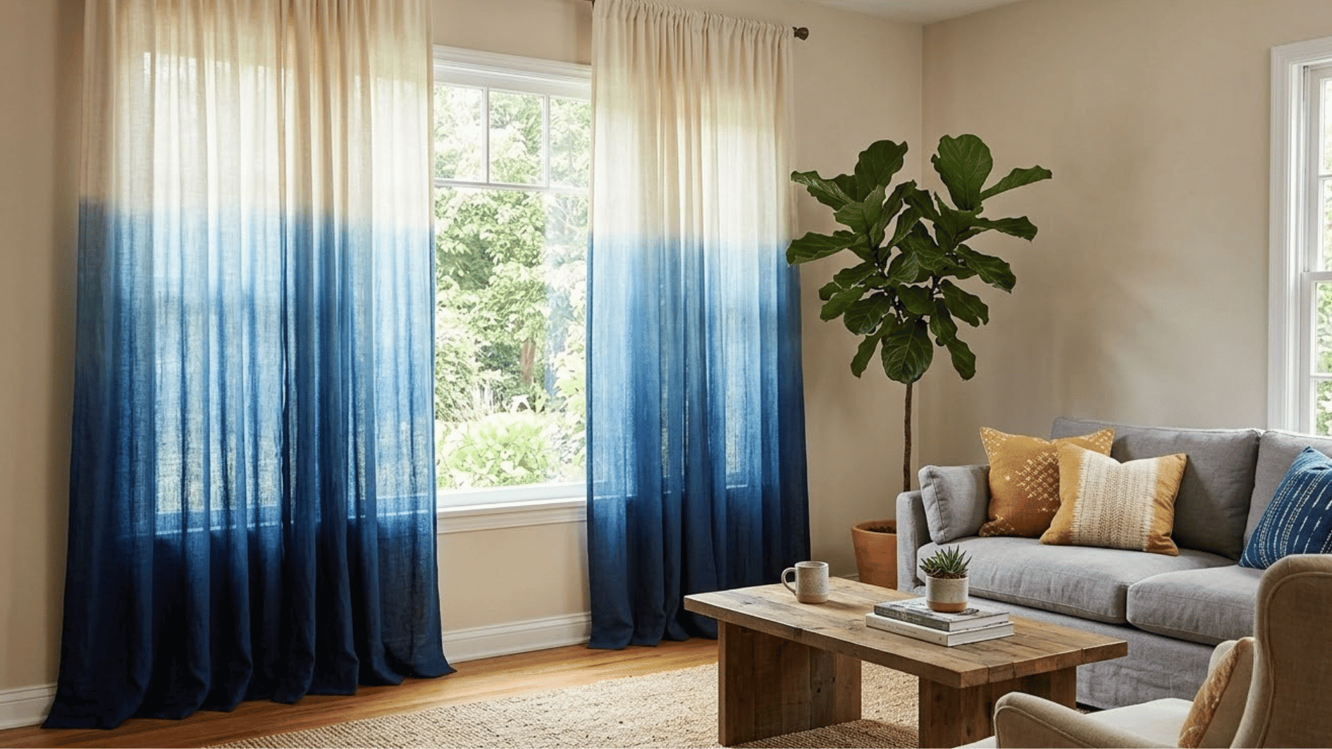 sheer ombre curtains fading from white to blue glowing in afternoon sunlight