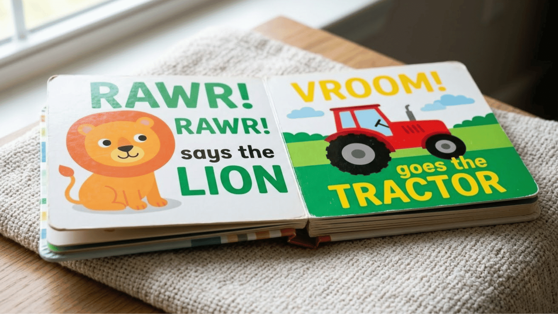 an open board book with lion and tractor on it