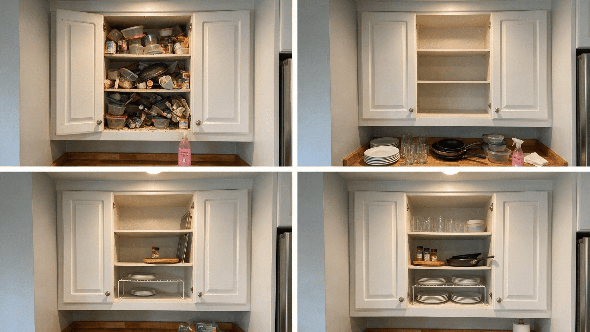 open kitchen cabinets showing four realistic stages of decluttering sorting organizing and maintaining storage