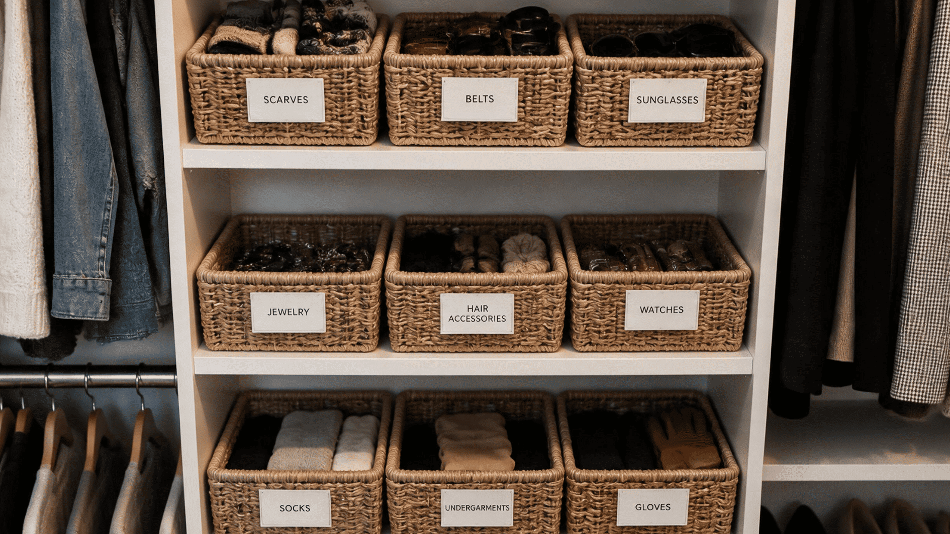 organized closet shelves with labeled wicker baskets for scarves belts jewelry and accessories