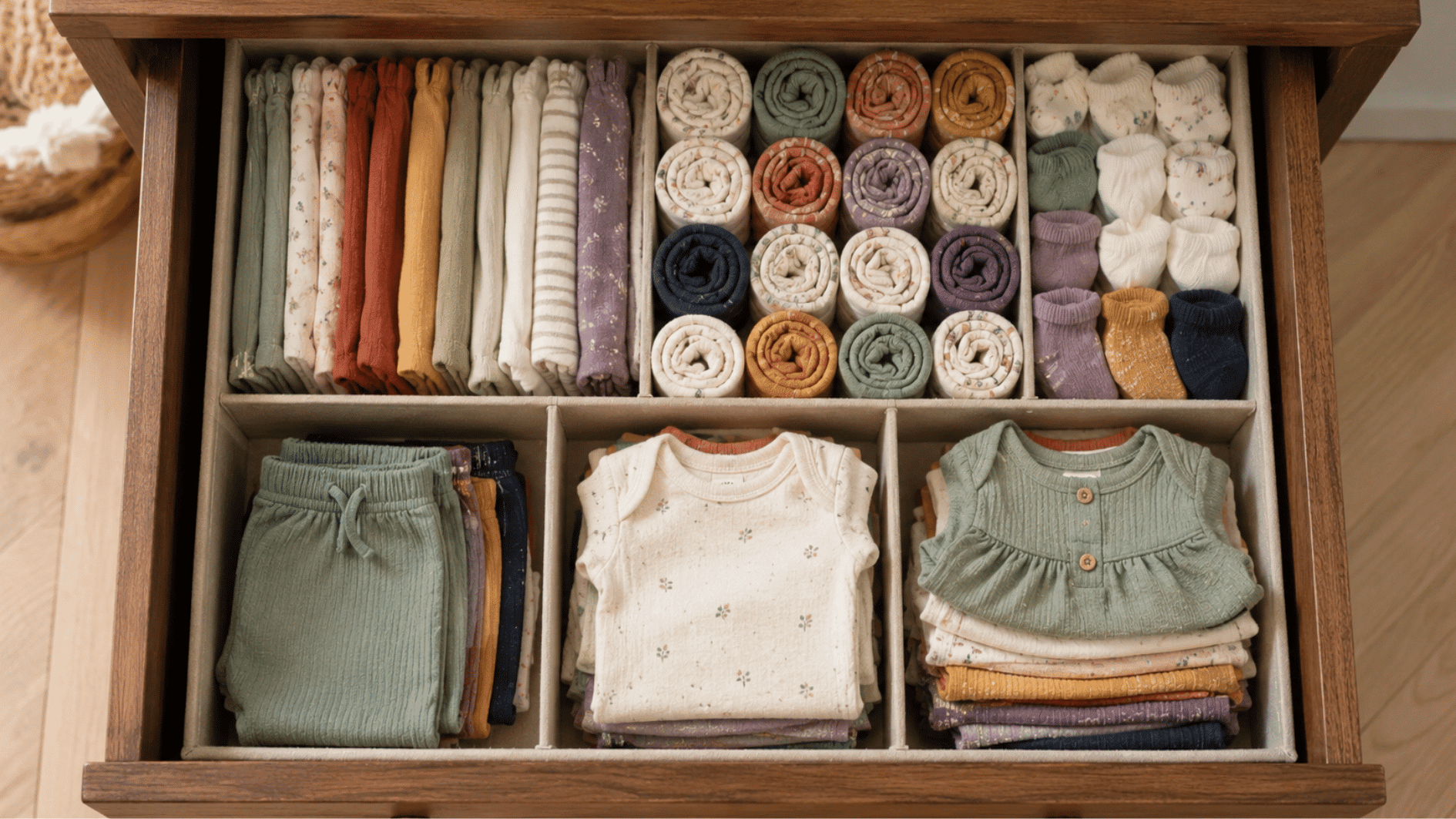 overhead view of a dresser drawer with baby clothes folded upright in neat rows to save space