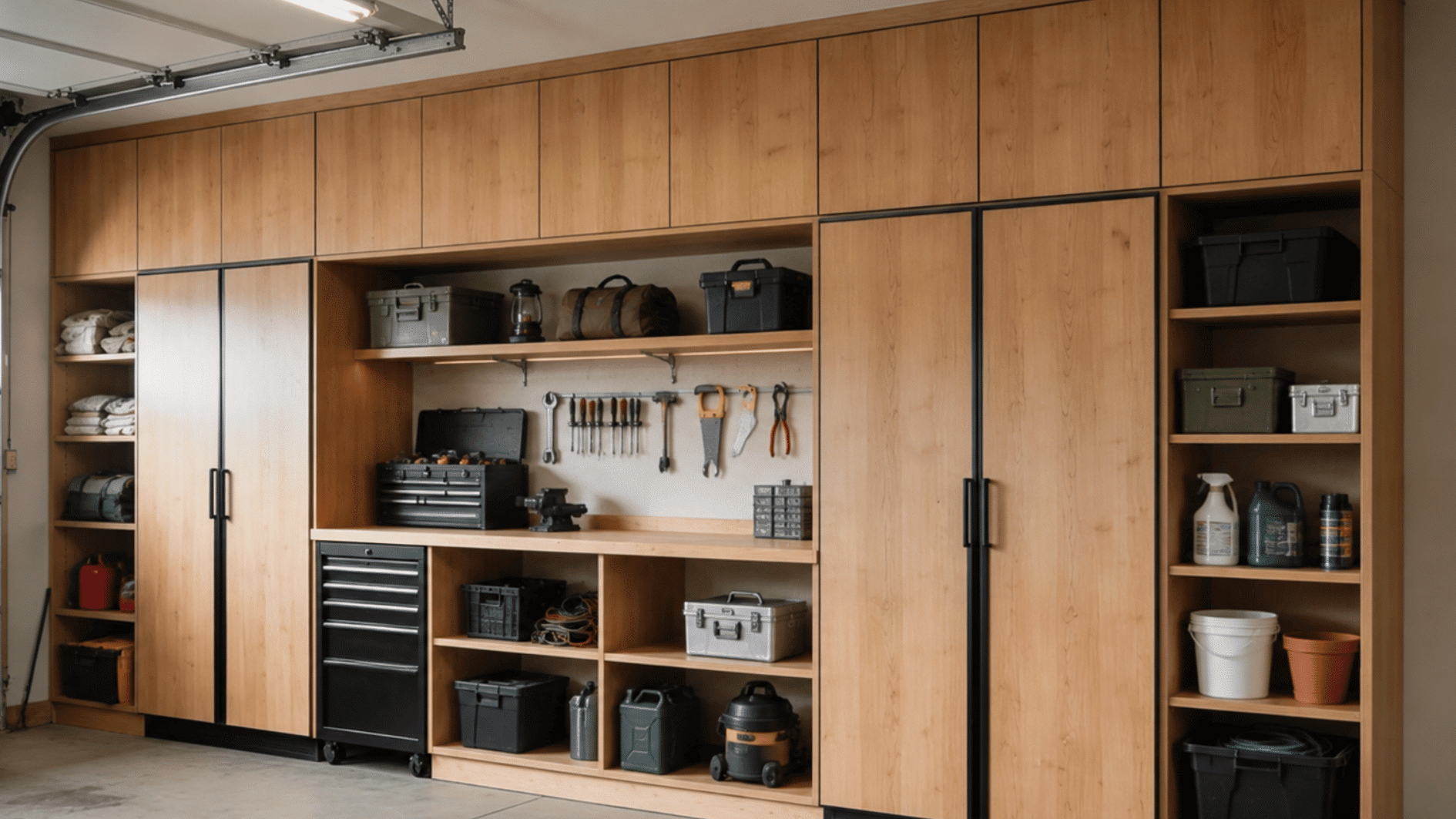 organized garage with wood cabinets, shelves, toolbox, and neatly arranged tools on a workbench