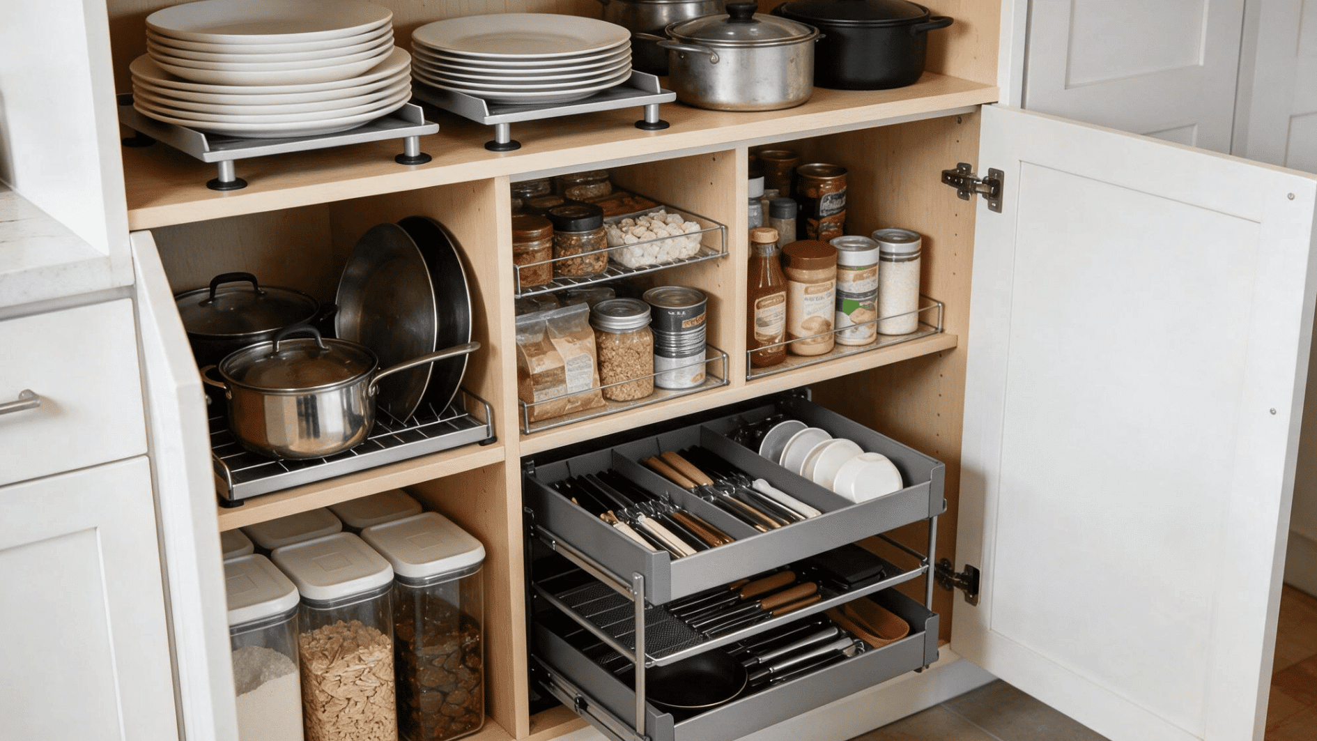 organized kitchen cabinet with pull out drawers cookware containers and door mounted storage racks