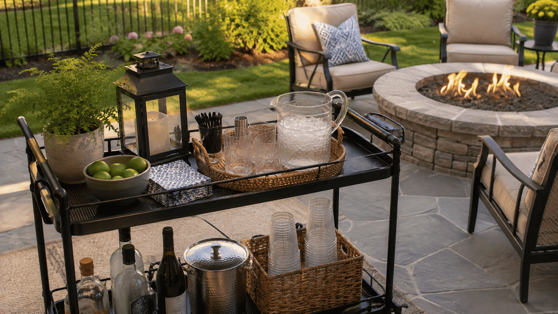 Outdoor bar cart with lantern, limes, glasses, and wine bottles set near a lit stone fire pit with seating
