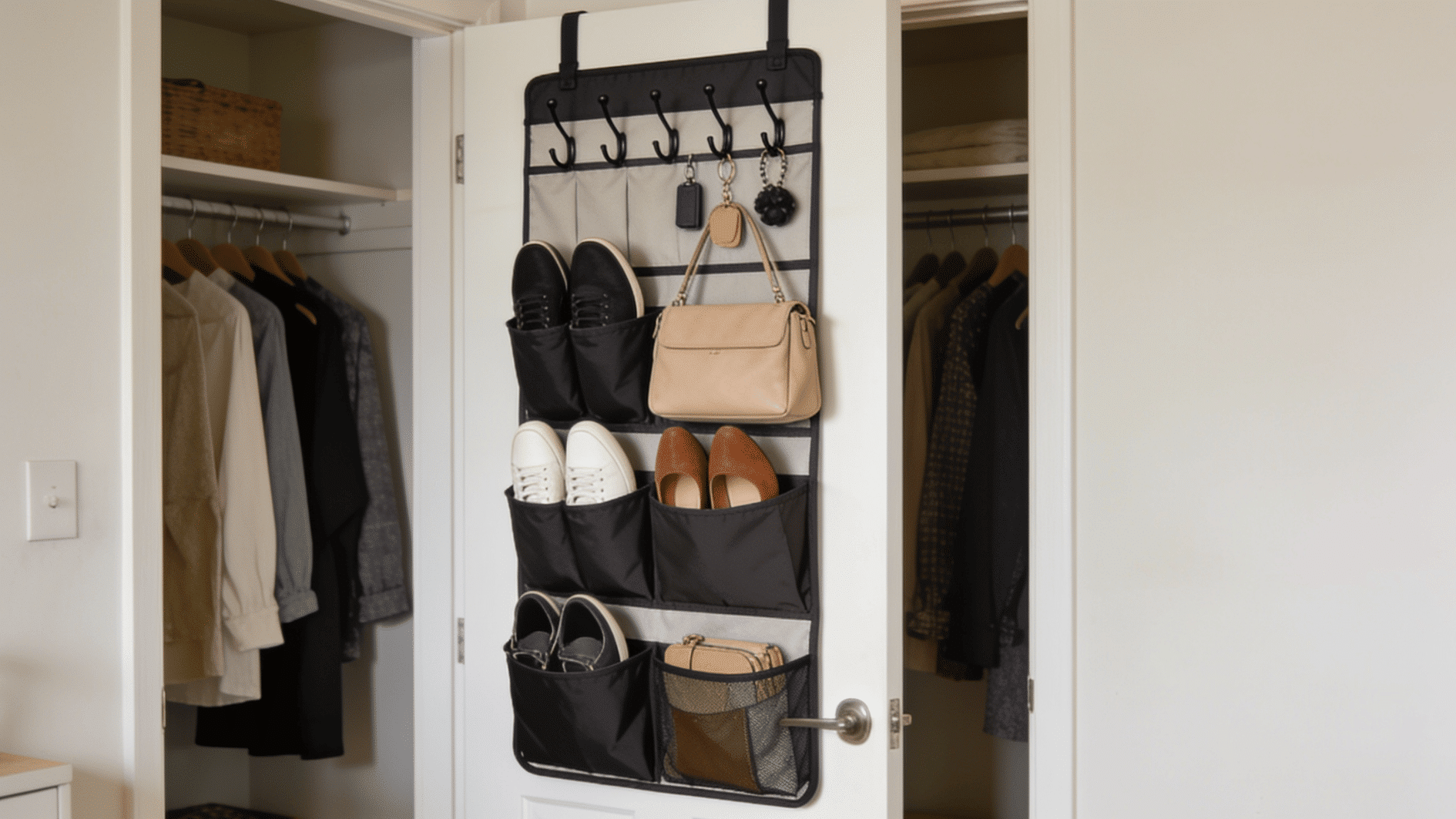 over-the-door closet organizer rack with pockets and hooks storing shoes bags and accessories on the back of a doo