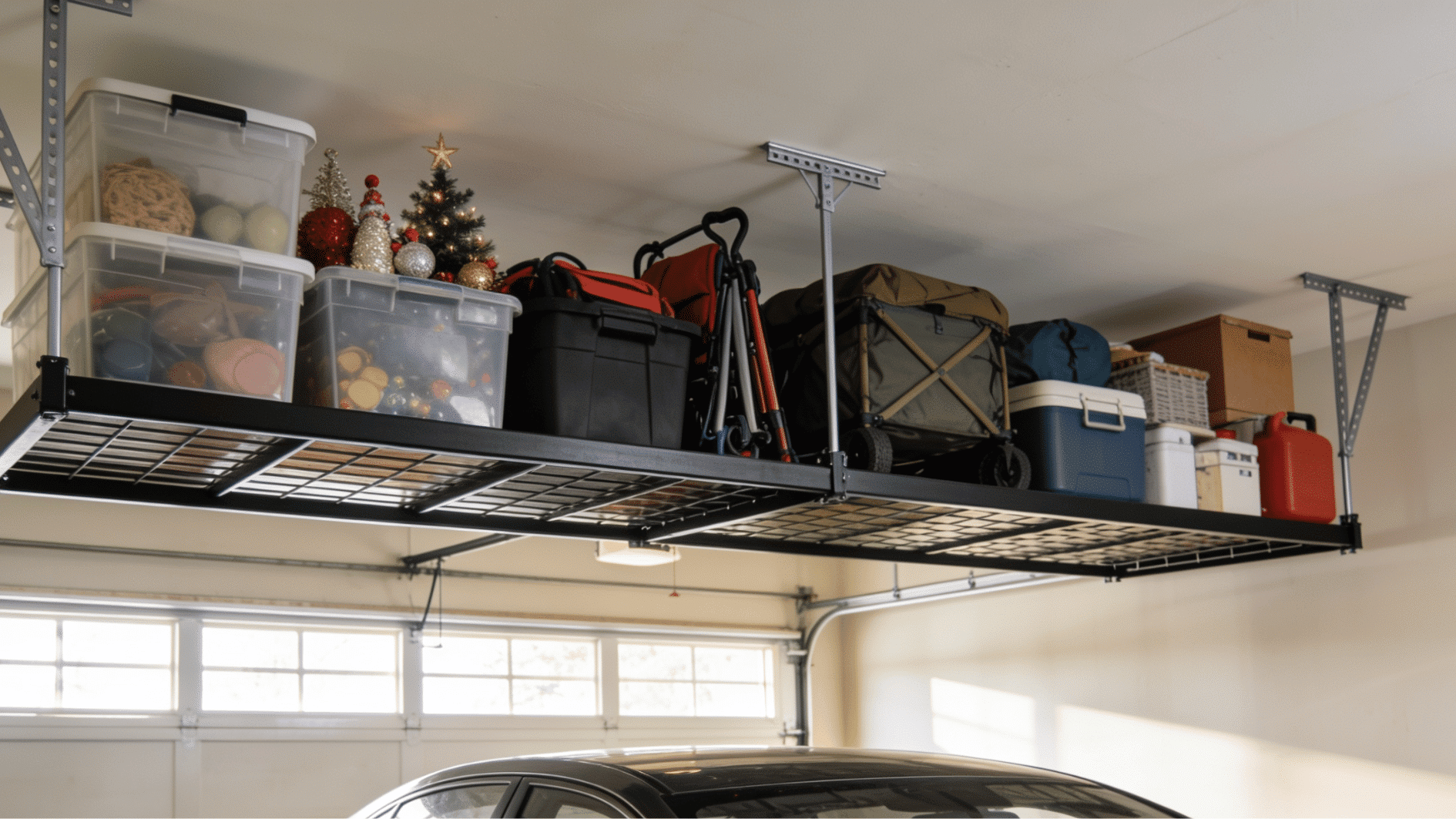 overhead garage storage rack holding bins seasonal items and outdoor gear above parked car