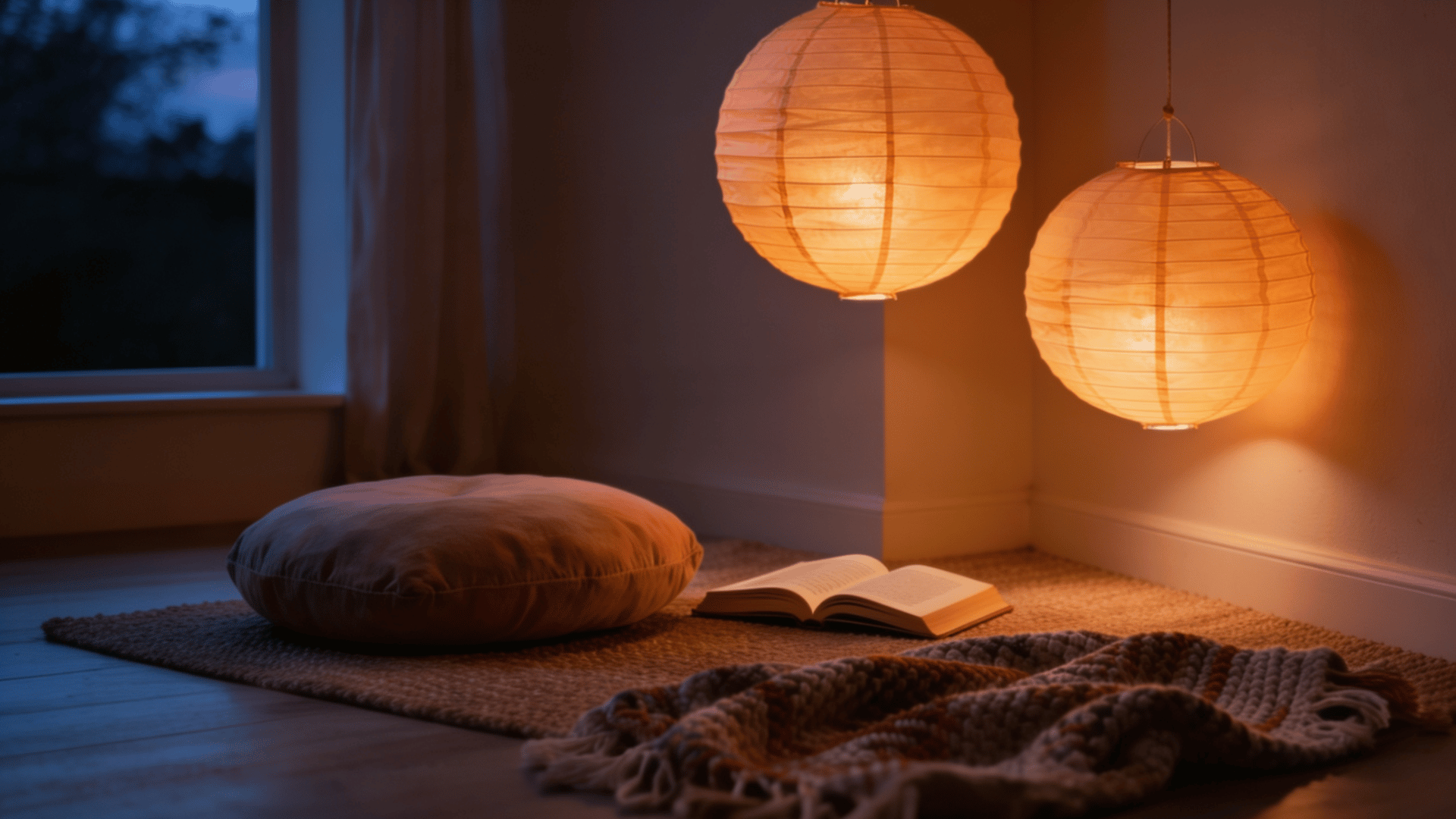 paper lanterns of different sizes glowing in a cozy reading nook