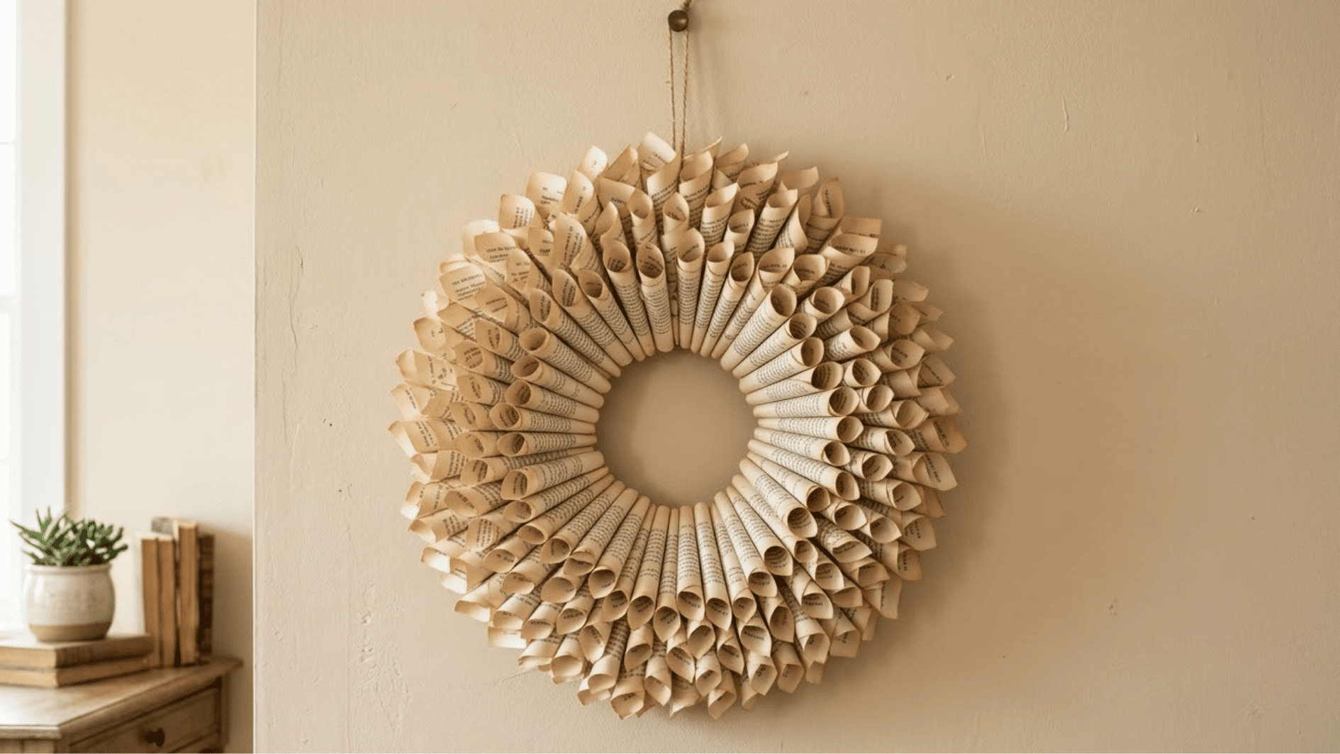 handmade wreath made from folded vintage book pages, hanging on a wall as minimal diy room decor