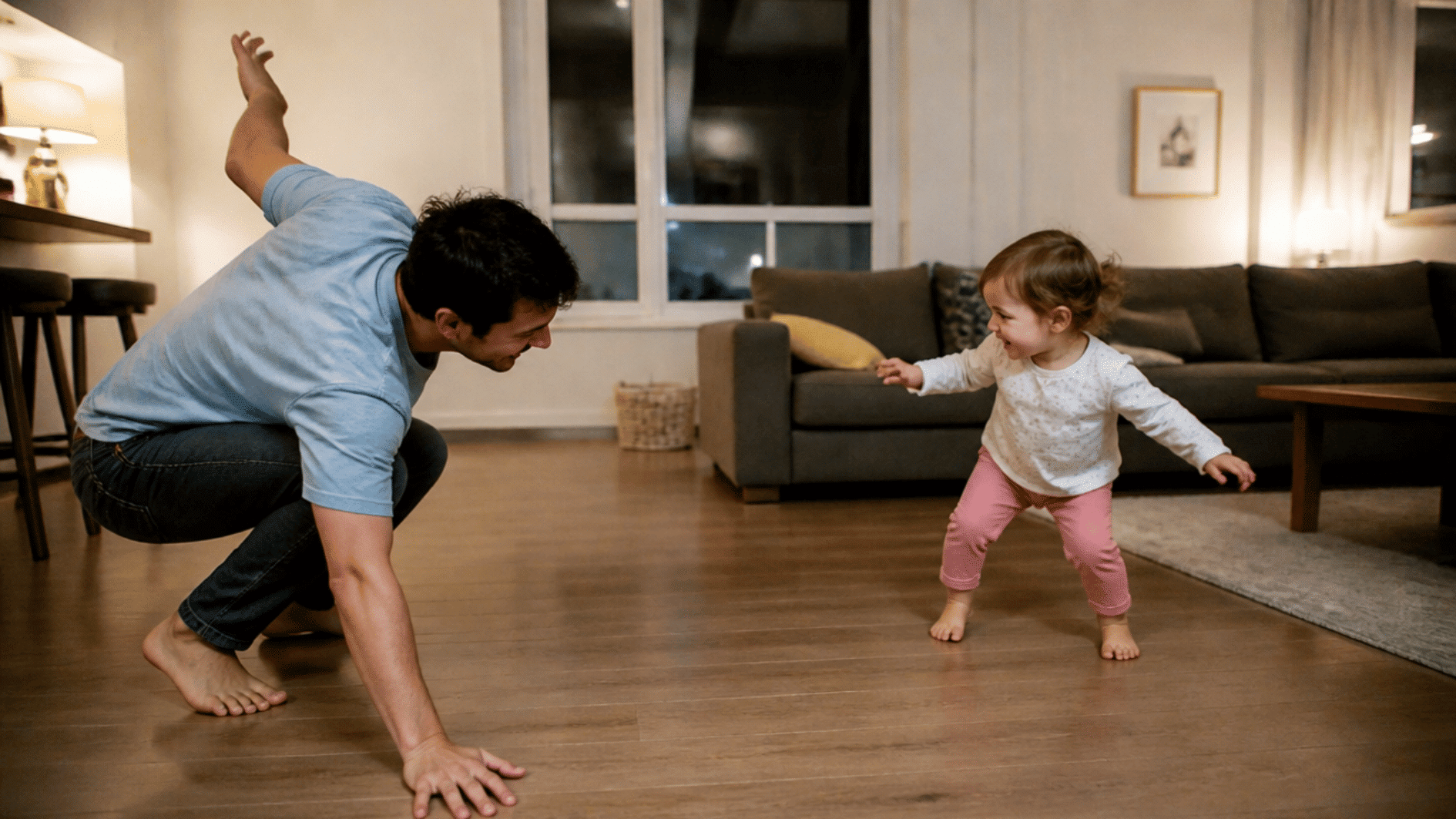 parent and 2-year-old playing freeze dance together in an open living room at home