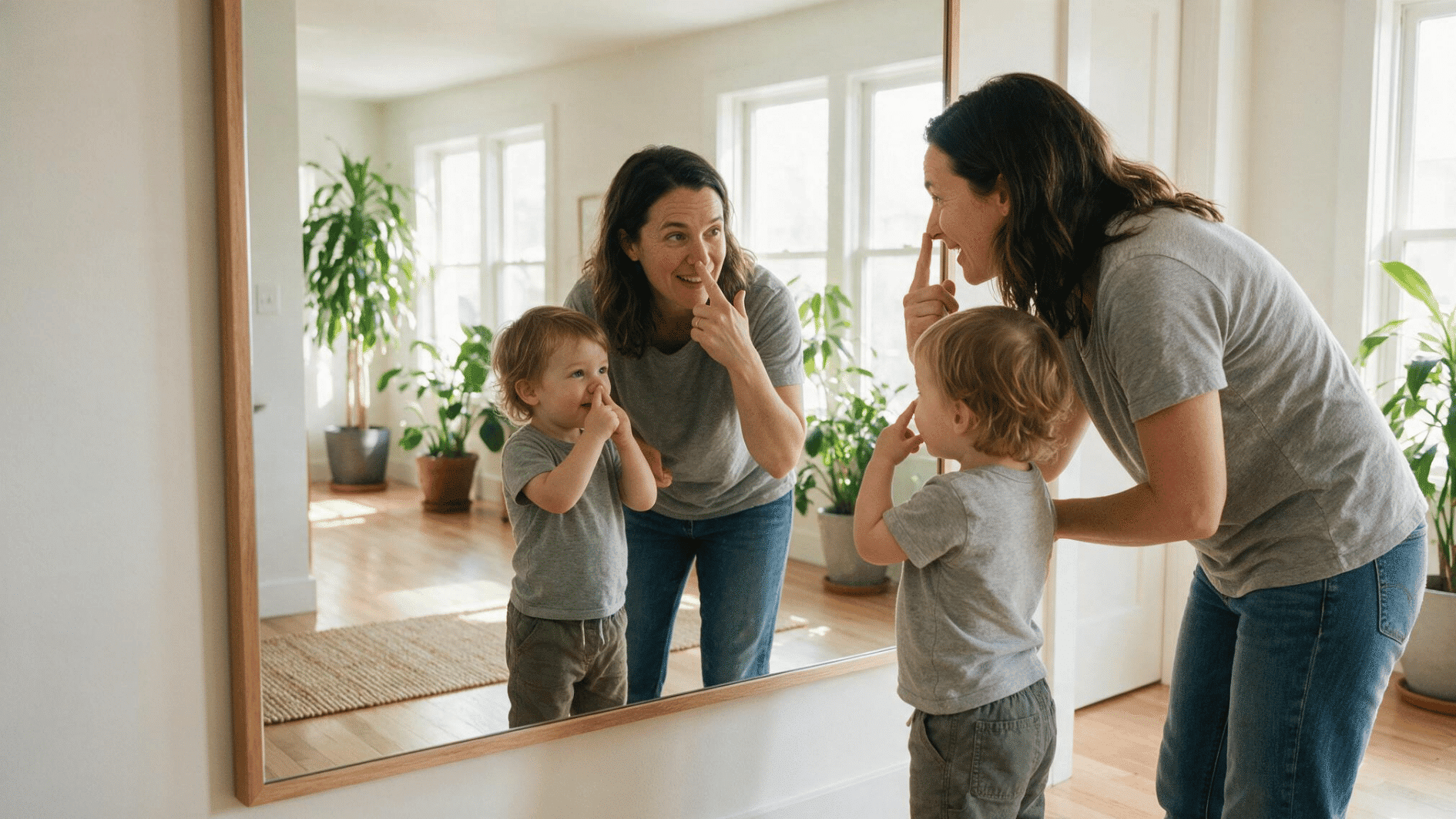 parent and 2-year-old pointing to body parts together while standing safely near a mirror