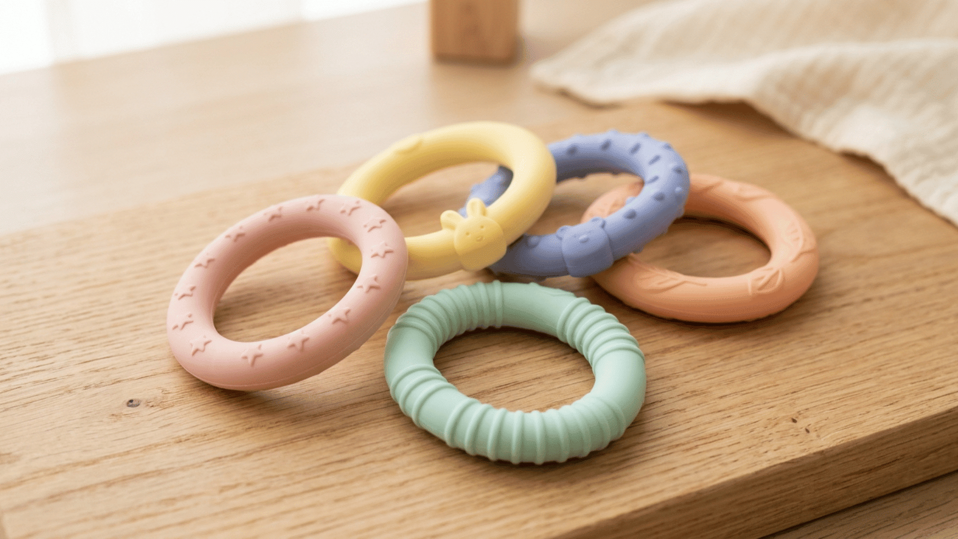 five pastel silicone teething rings with varied raised textures arranged on a wooden tabletop