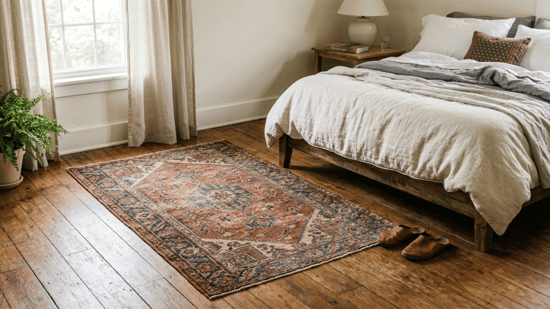 patterned area rug placed beside a bed on a hardwood floor in a small guest bedroom