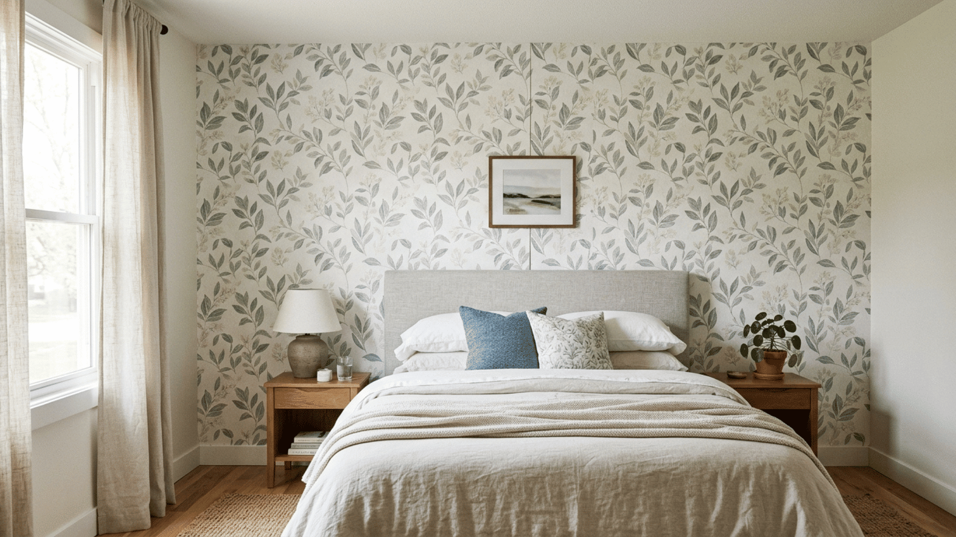patterned removable wallpaper on an accent wall behind a bed in a small guest bedroom
