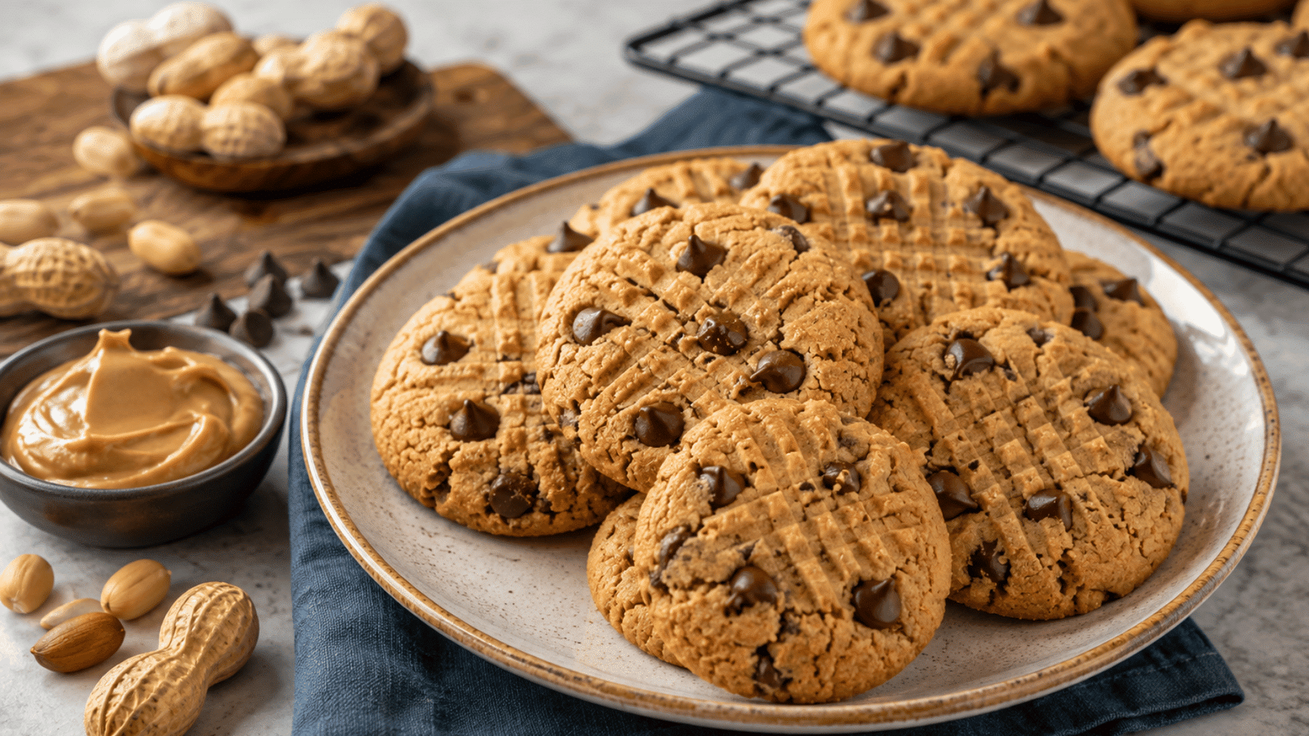 peanut butter chocolate chip cookies on a ceramic plate with peanuts and a bowl of peanut butter