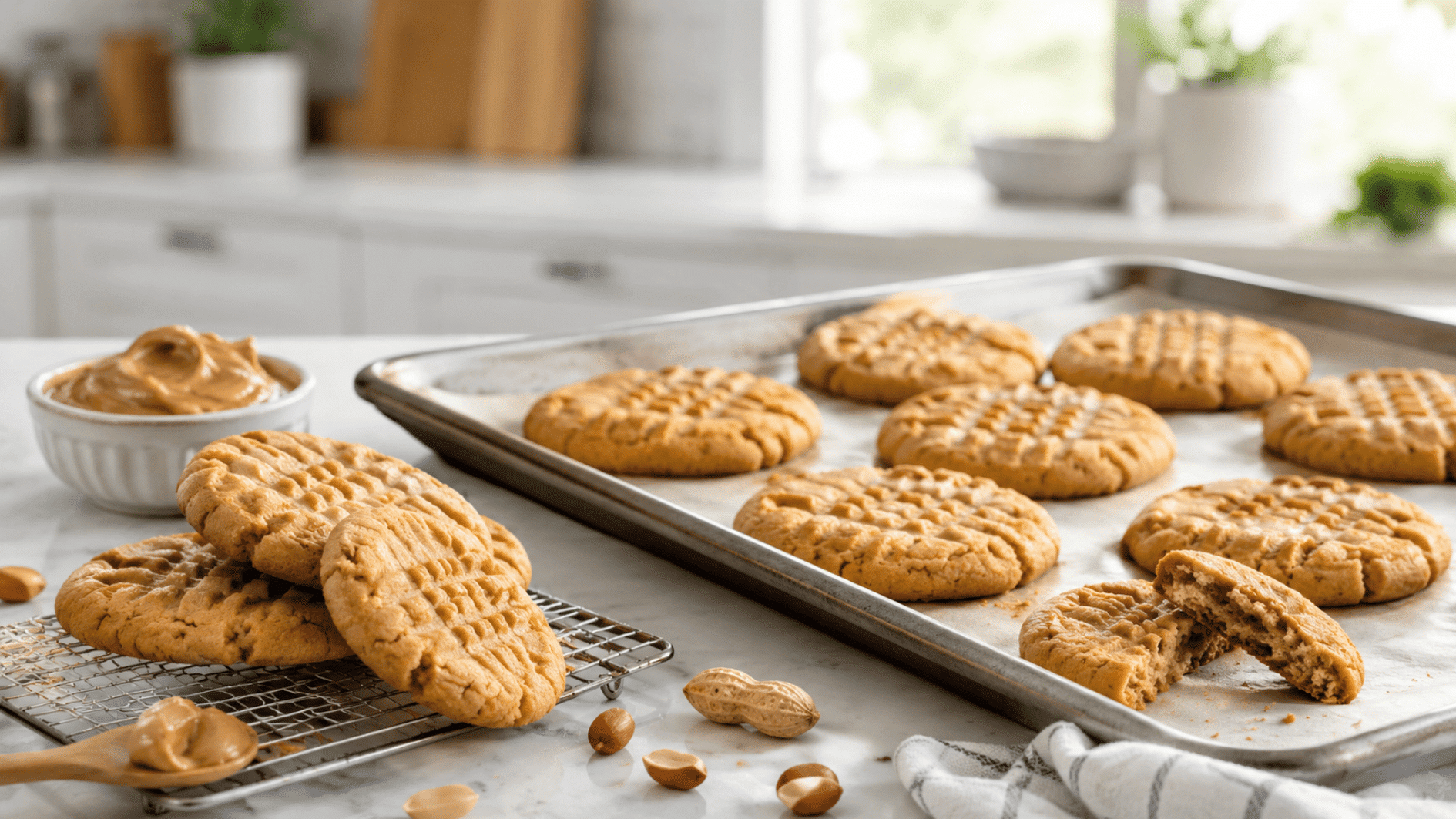 peanut butter cookies cooling on baking trays beside peanuts and a small bowl of creamy peanut paste