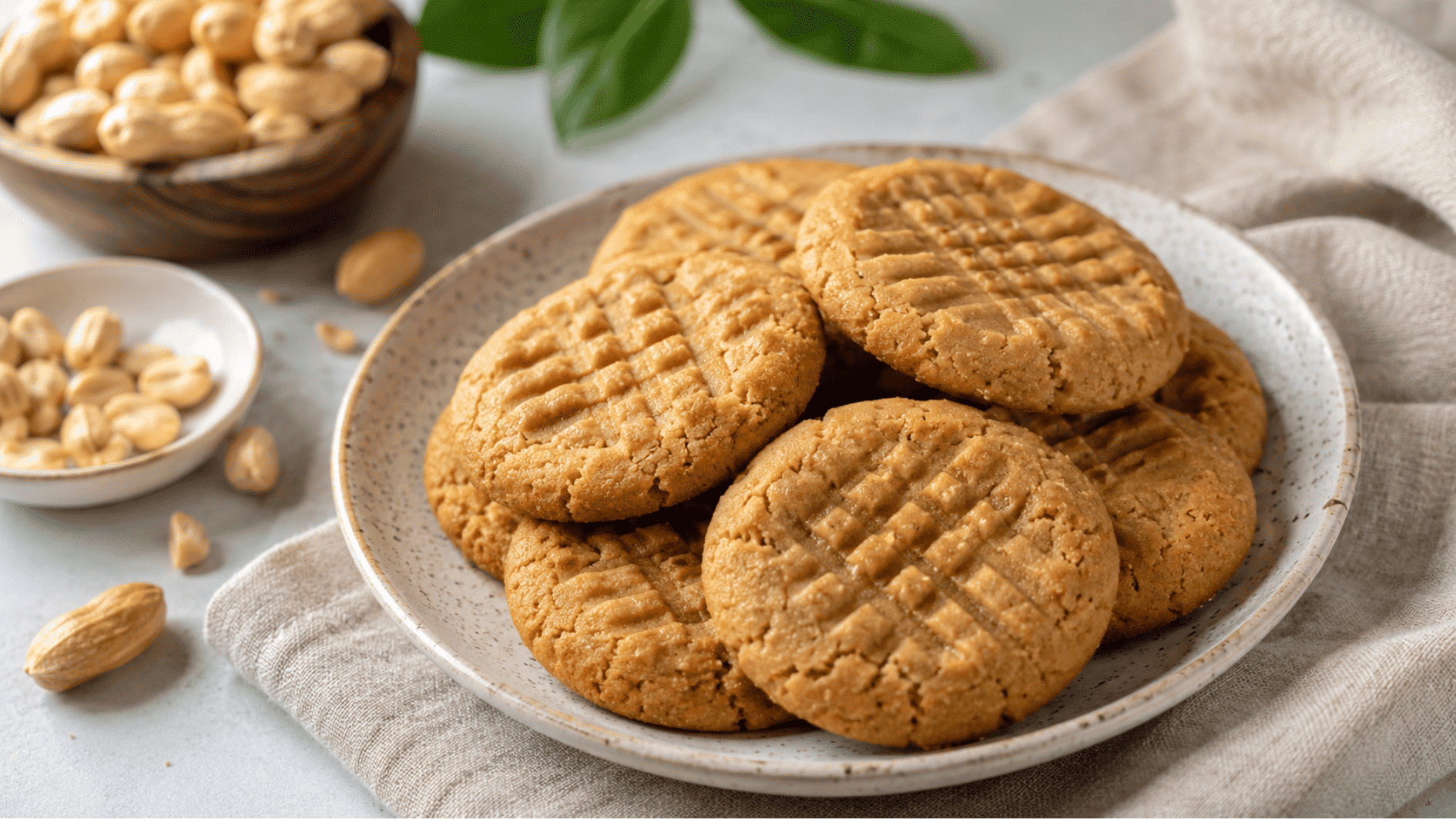 peanut butter cookies with fork marks on a ceramic plate near bowls of peanuts and soft linen napkin