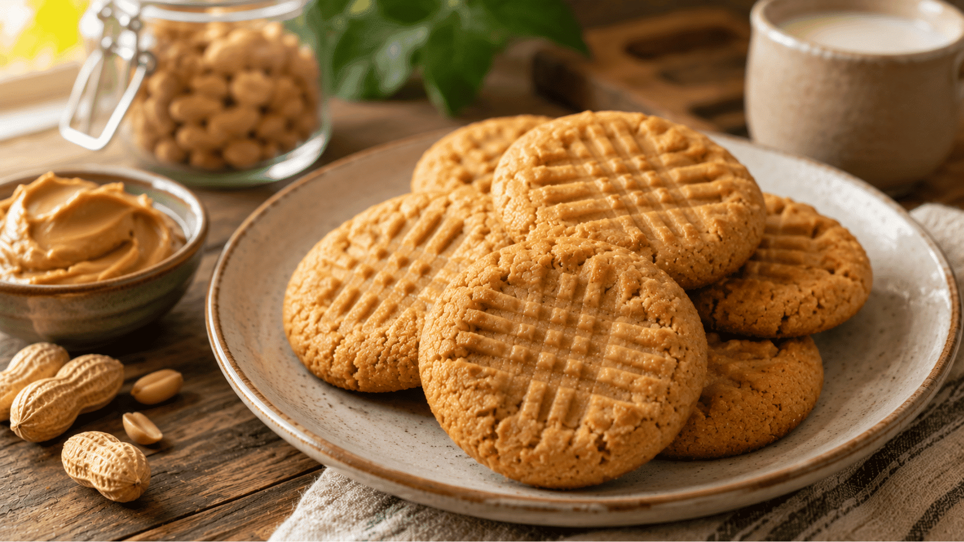peanut butter cookies with fork marks on a plate beside peanuts peanut butter and a warm mug of milk