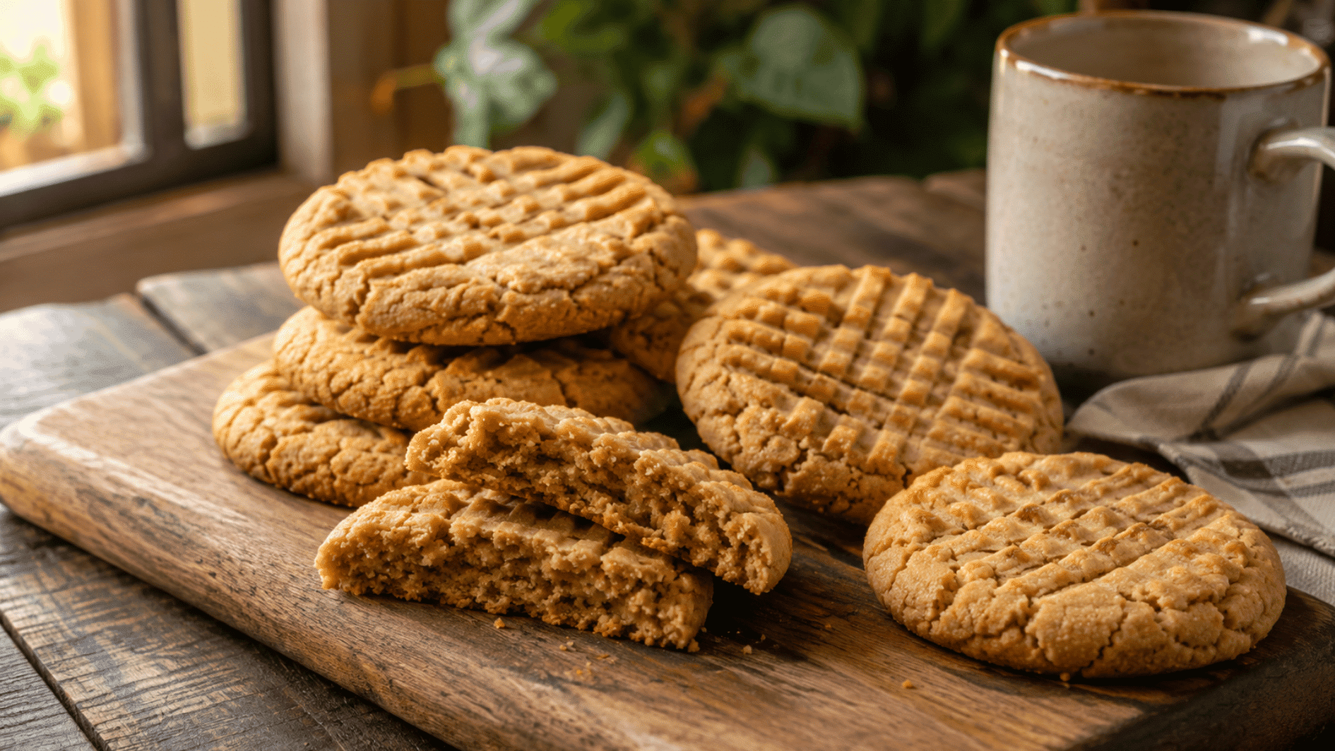 peanut butter cookies with fork marks on a wooden board beside a ceramic mug in soft window sunlight