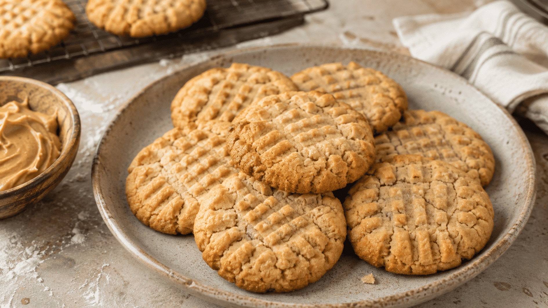 peanut butter cookies with fork marks on a ceramic plate beside a small bowl of smooth peanut butter