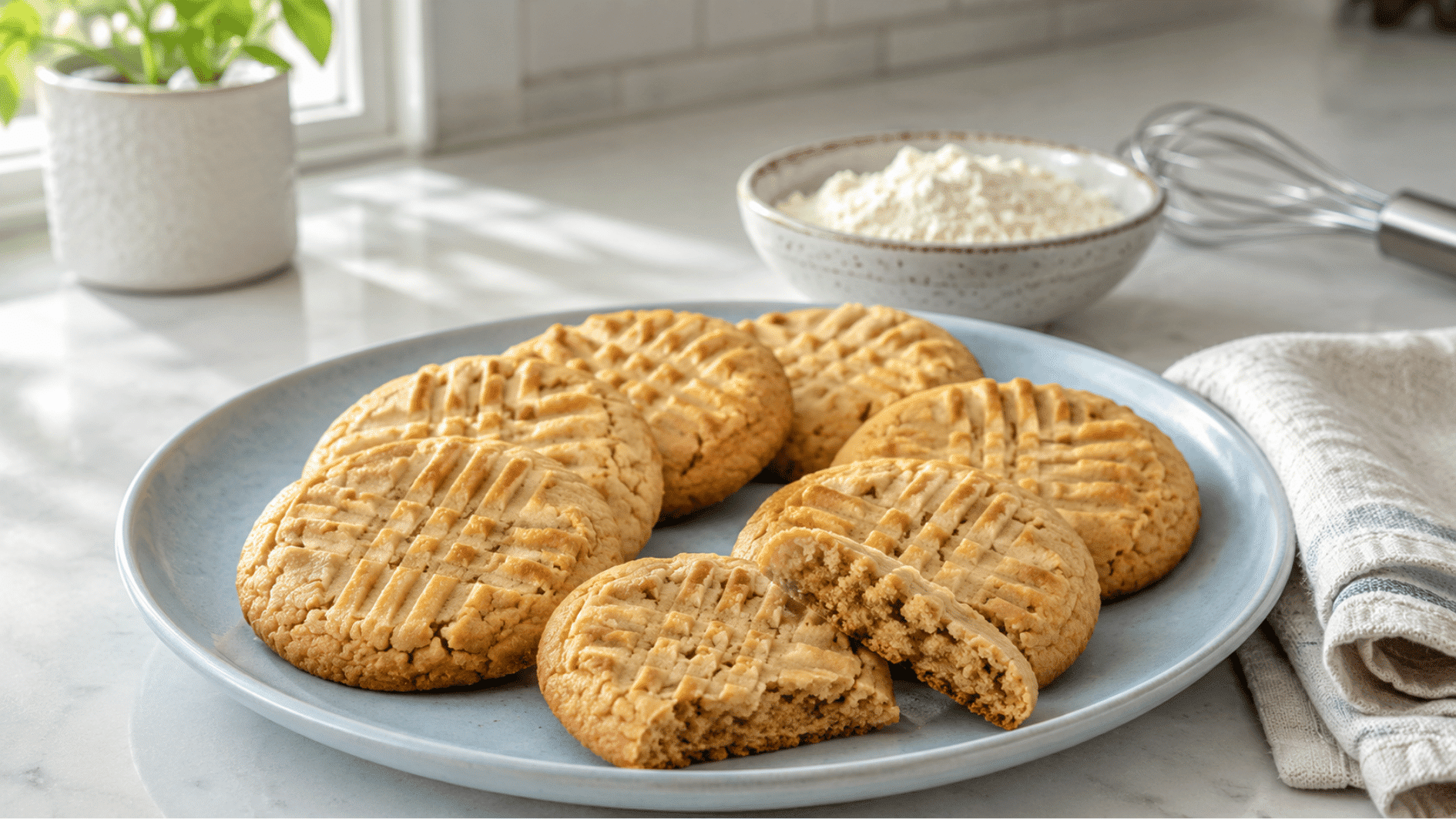 peanut butter cookies with fork marks on blue plate beside flour bowl whisk and folded kitchen towel