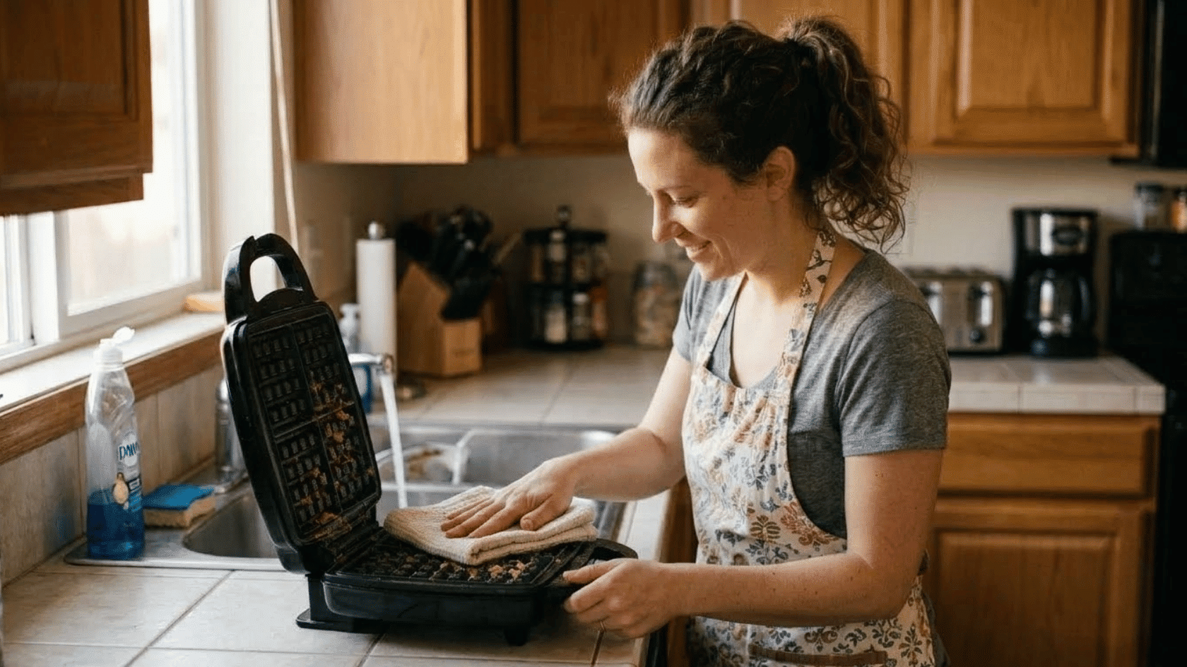 woman cleaning a waffle maker with a cloth in a kitchen