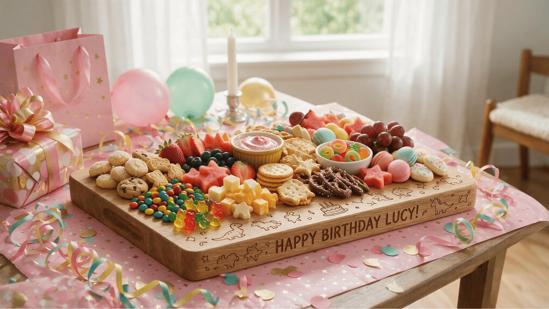 personalized wooden kids charcuterie board with custom design and colorful birthday snacks