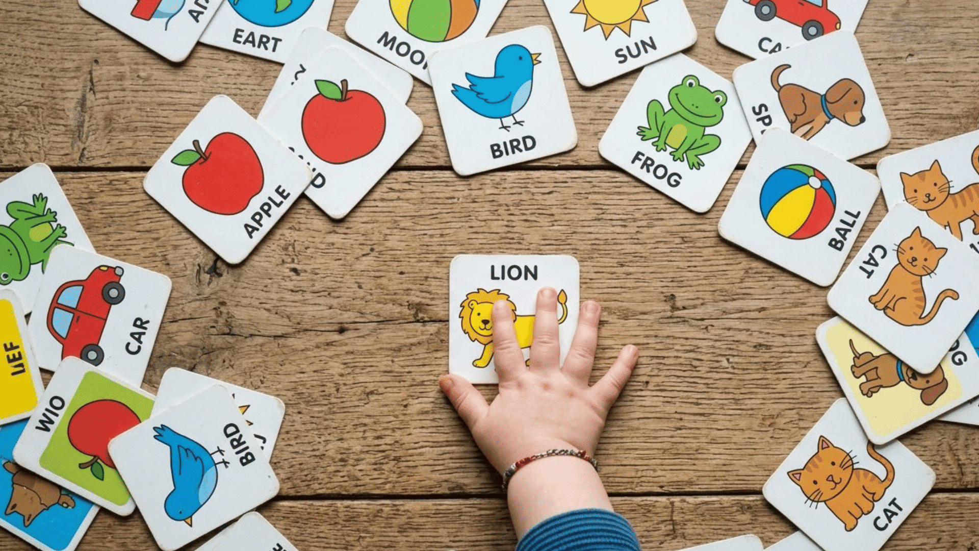 toddler hand pats a picture card spread across the floor with matching pairs