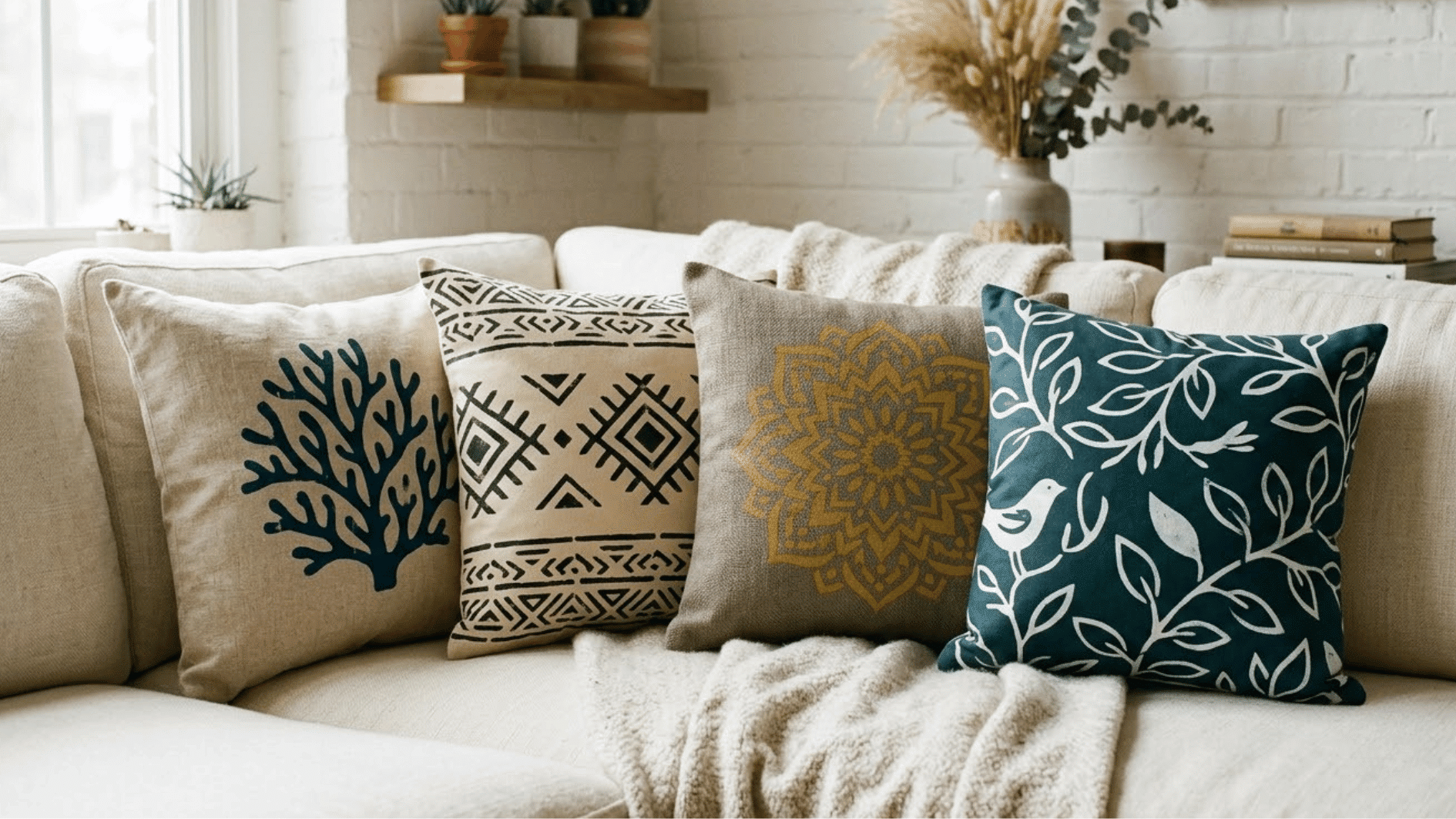 cream throw pillow with hand-painted sage green leaf stencil pattern on a couch, next to the leaf stencil and foam brush used to make it