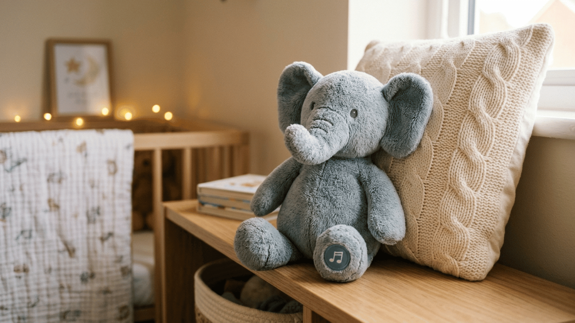 soft grey musical elephant toy resting beside a knitted cushion in a warm and cosy nursery