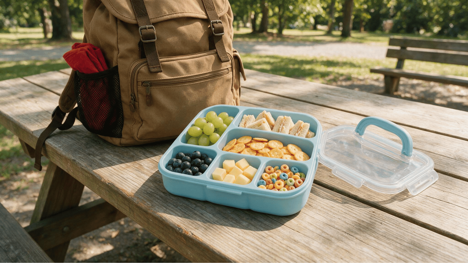 portable kids travel snack board with divided sections for fruits crackers cheese and sandwiches