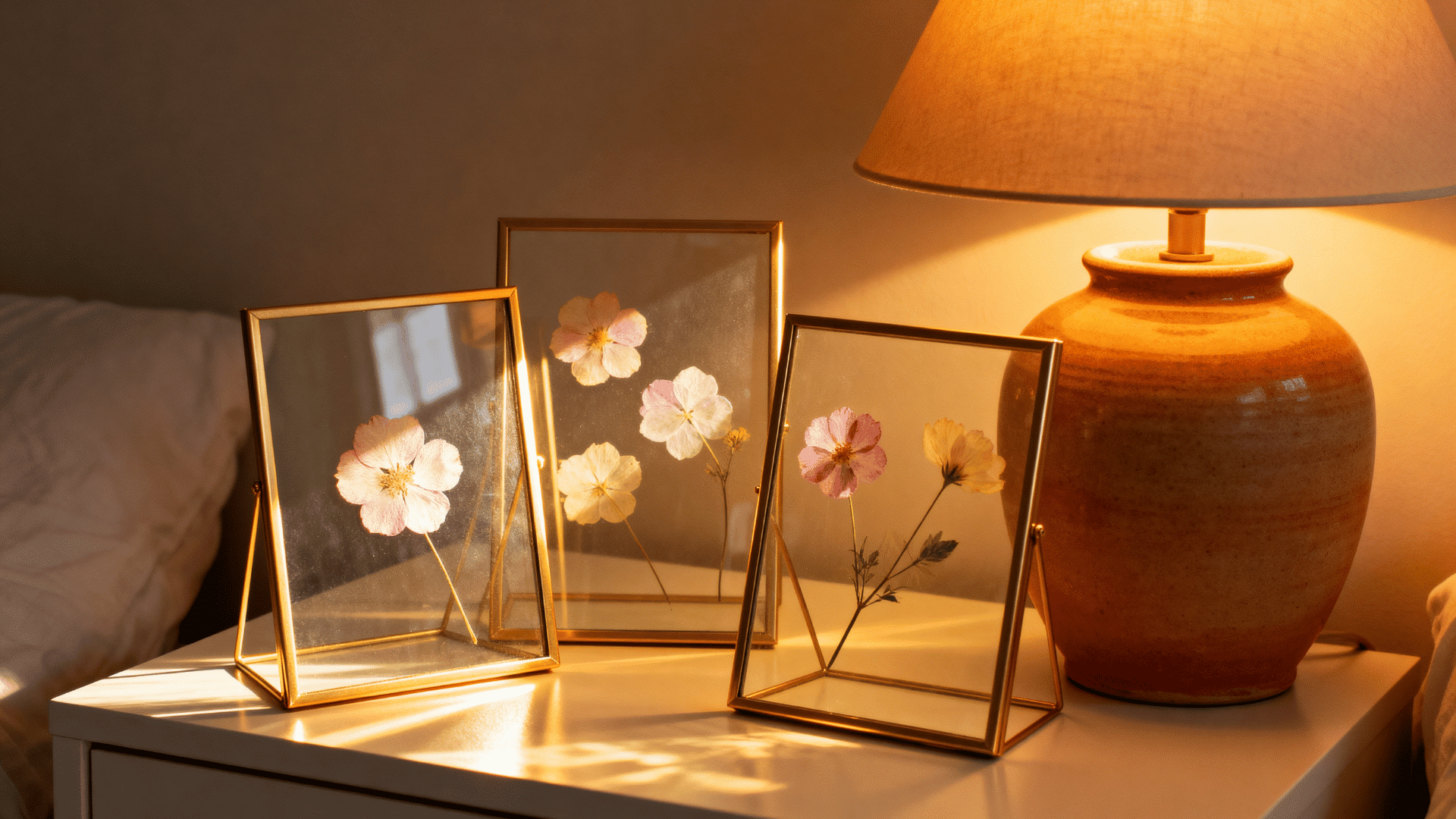 gold-framed pressed flower art displayed on a nightstand beside a lamp
