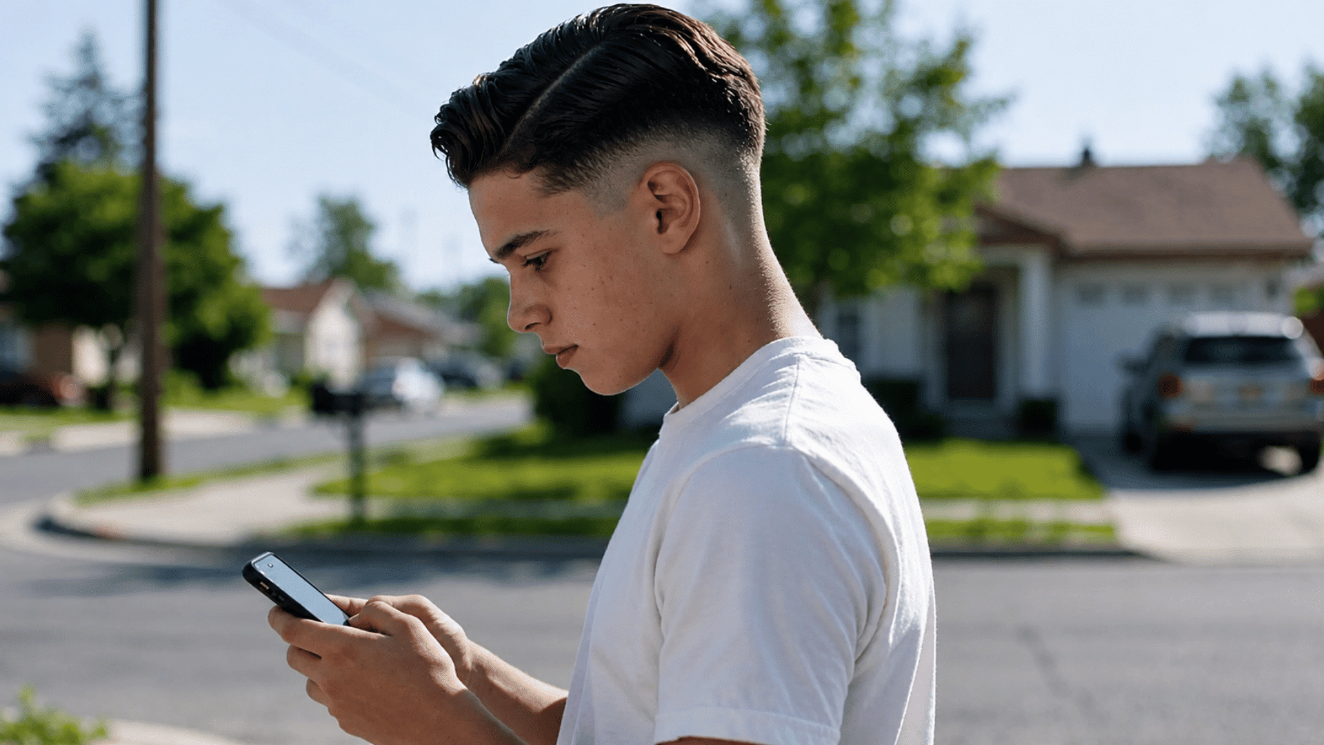 profile of a boy with a comb over fade, side-parted swept top and faded sides