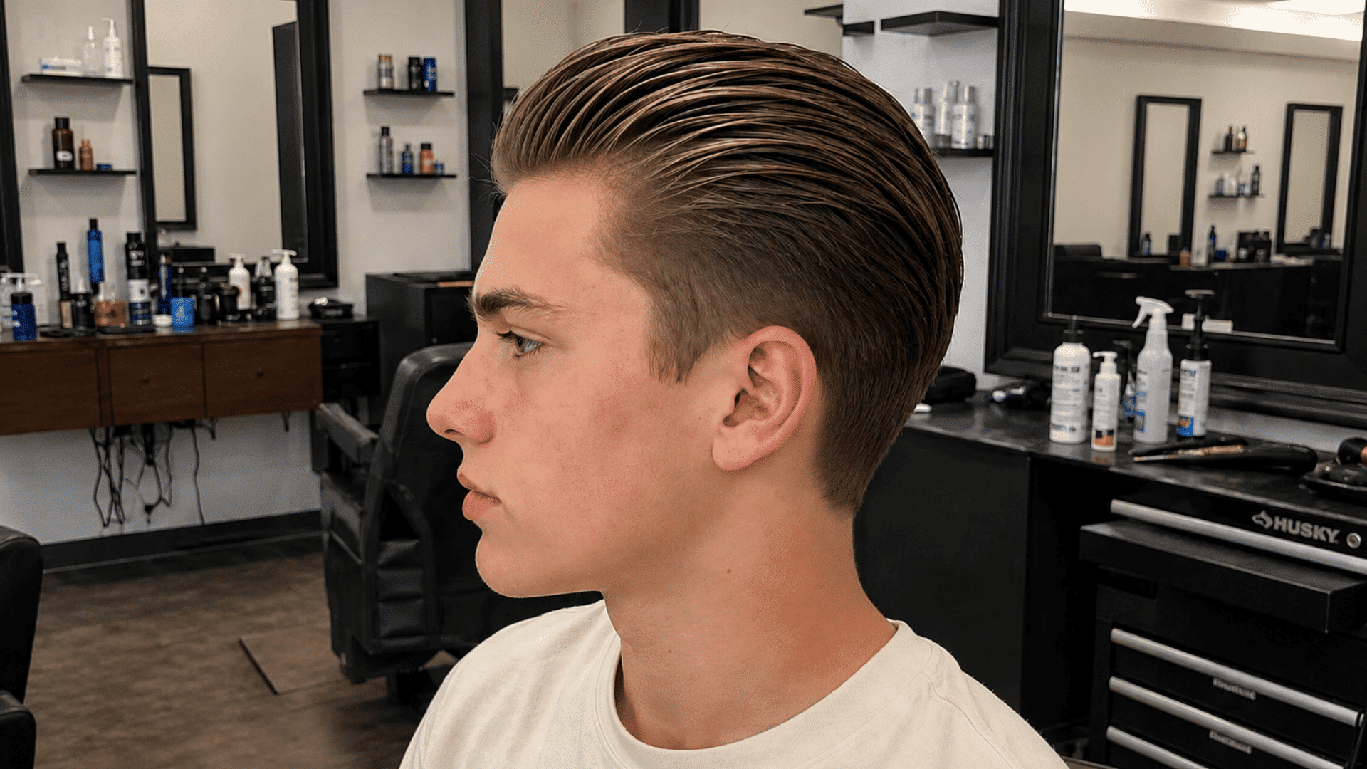 profile of a boy with a slicked-back cut, smooth combed-back hair and neat tapered sides in a barbershop