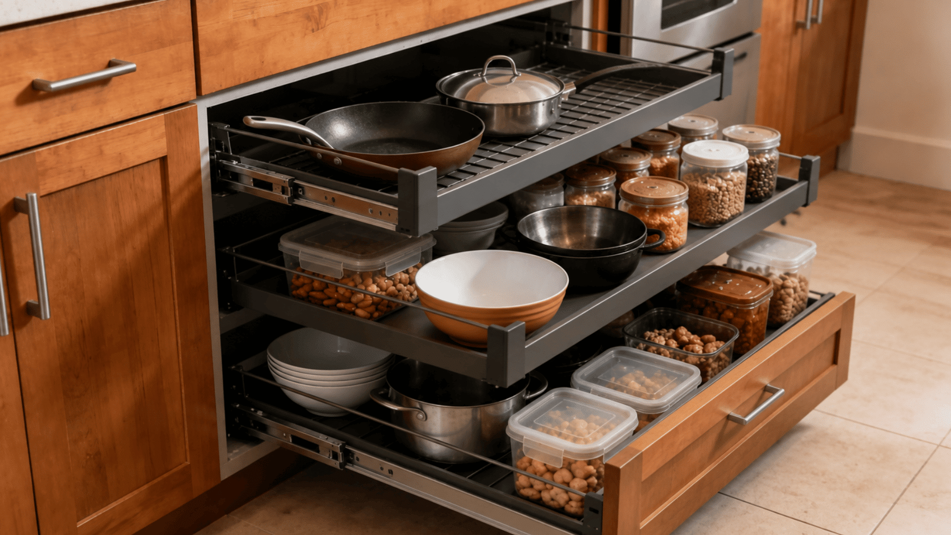 pull out kitchen cabinet drawers with organized pots pans bowls and food containers for easy access