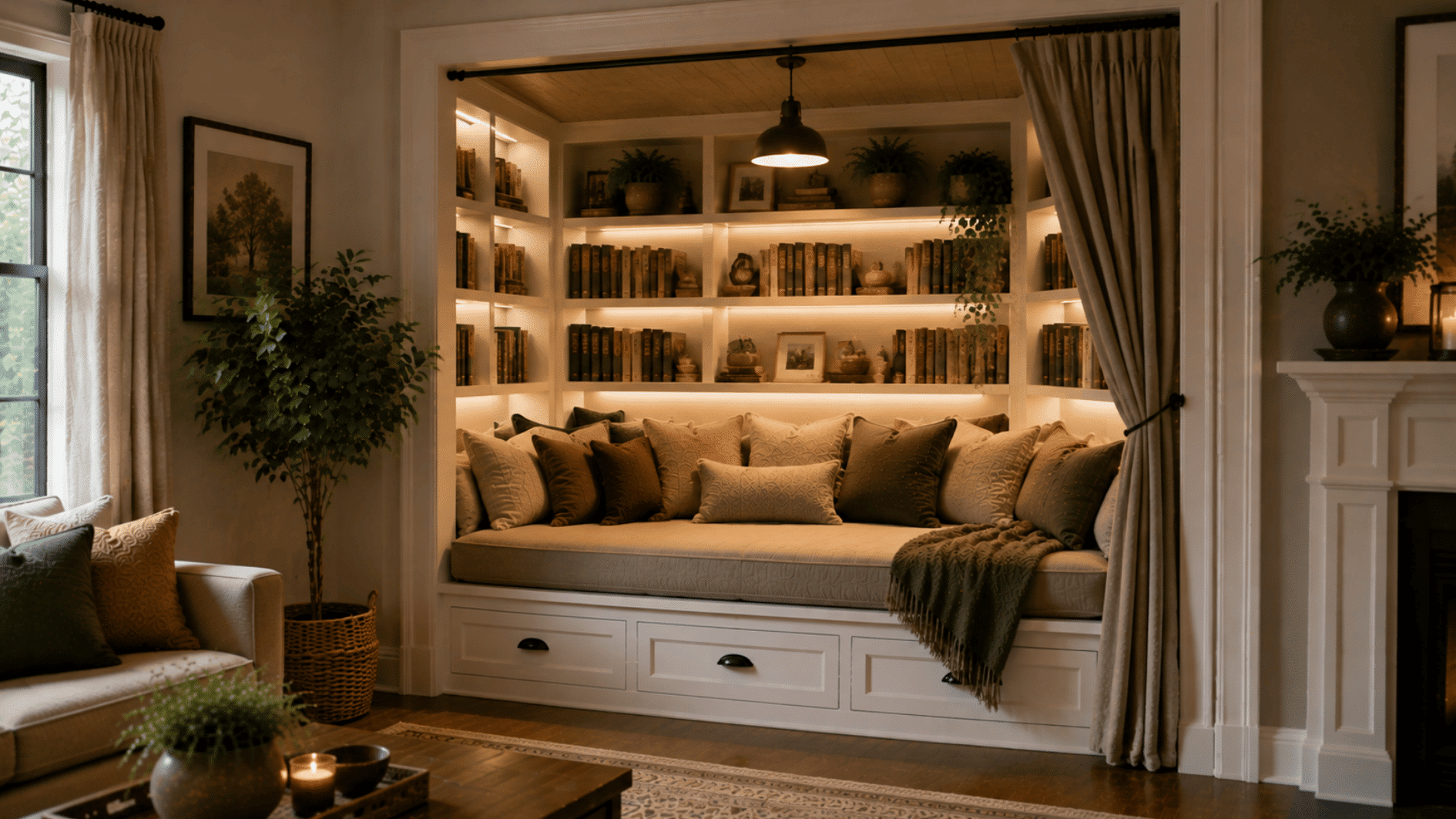 reading alcove with shelves, built-in seat, books, cushions, and warm lighting in recessed wall space