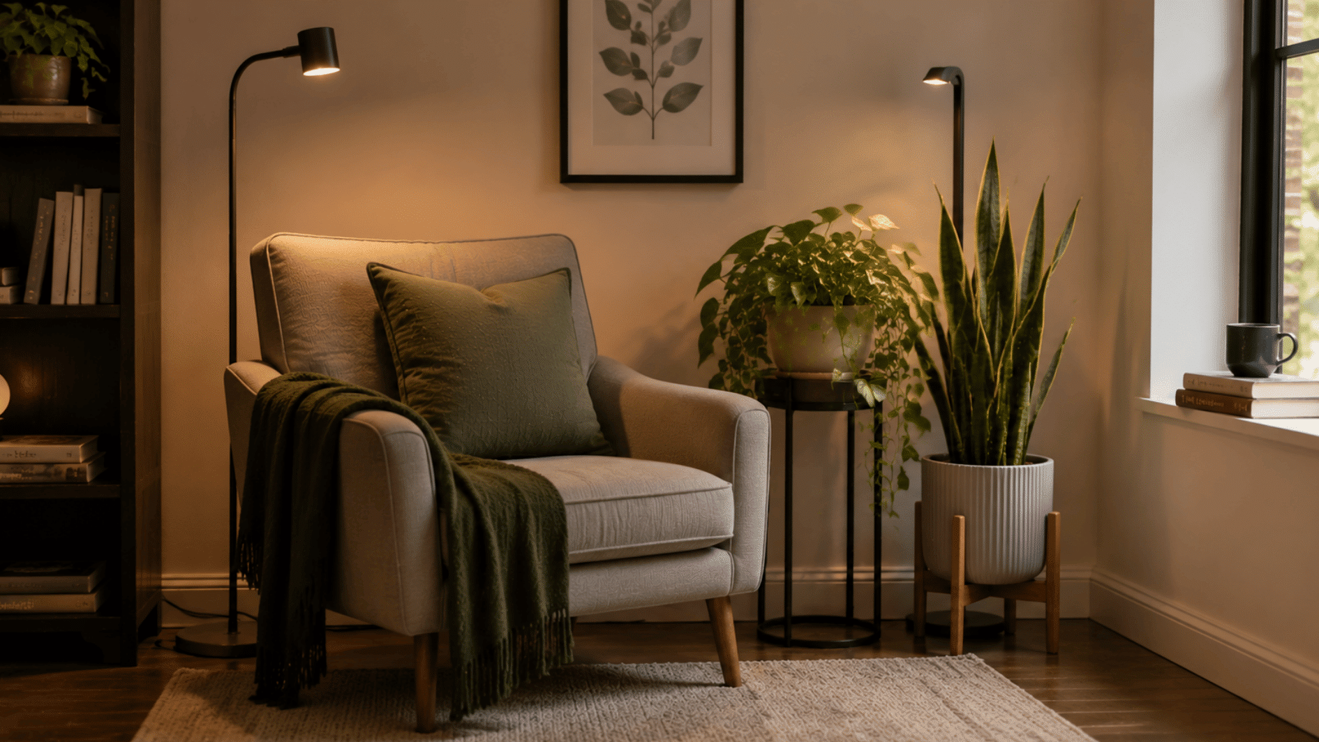 reading corner with indoor plants, comfortable chair, books, plant stand, and natural home decor