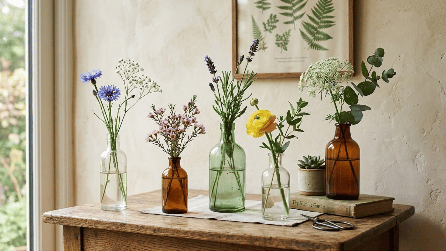 cluster of glass bottle bud vases with single flower stems on a sunlit windowsill