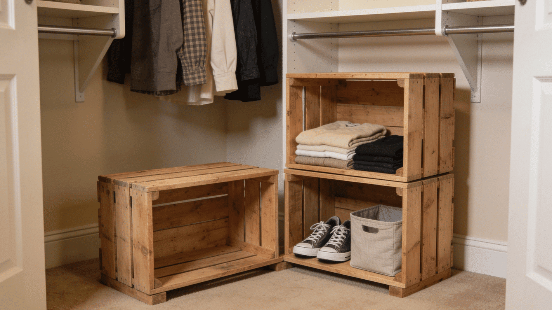 repurposed crate shelf organizer with wooden crates storing folded clothes shoes and bins in a closet