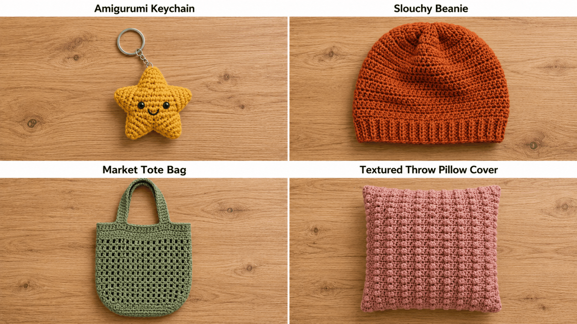 four panel collage of crochet project ideas including amigurumi keychain slouchy beanie market tote bag and textured throw pillow cover