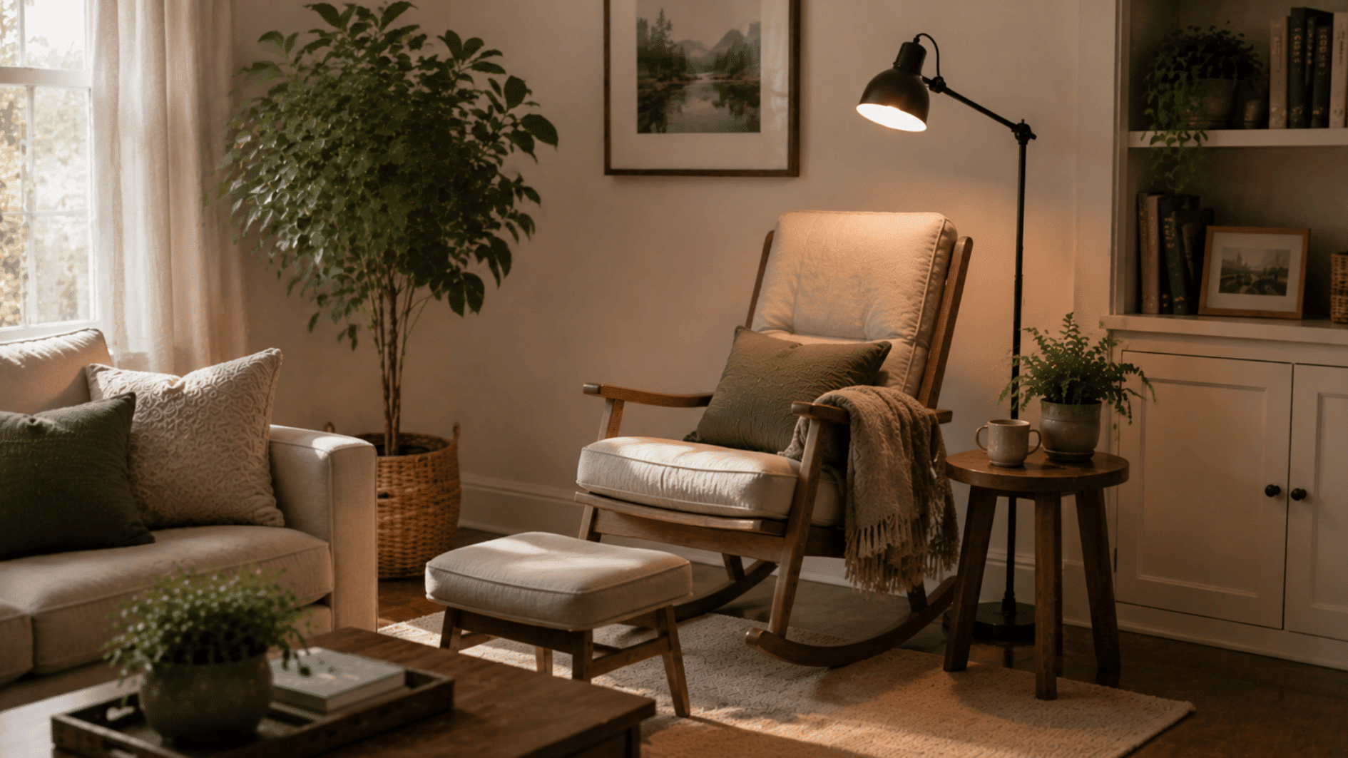 rocking chair reading area with floor lamp, footstool, side table, and books in a calm room corner