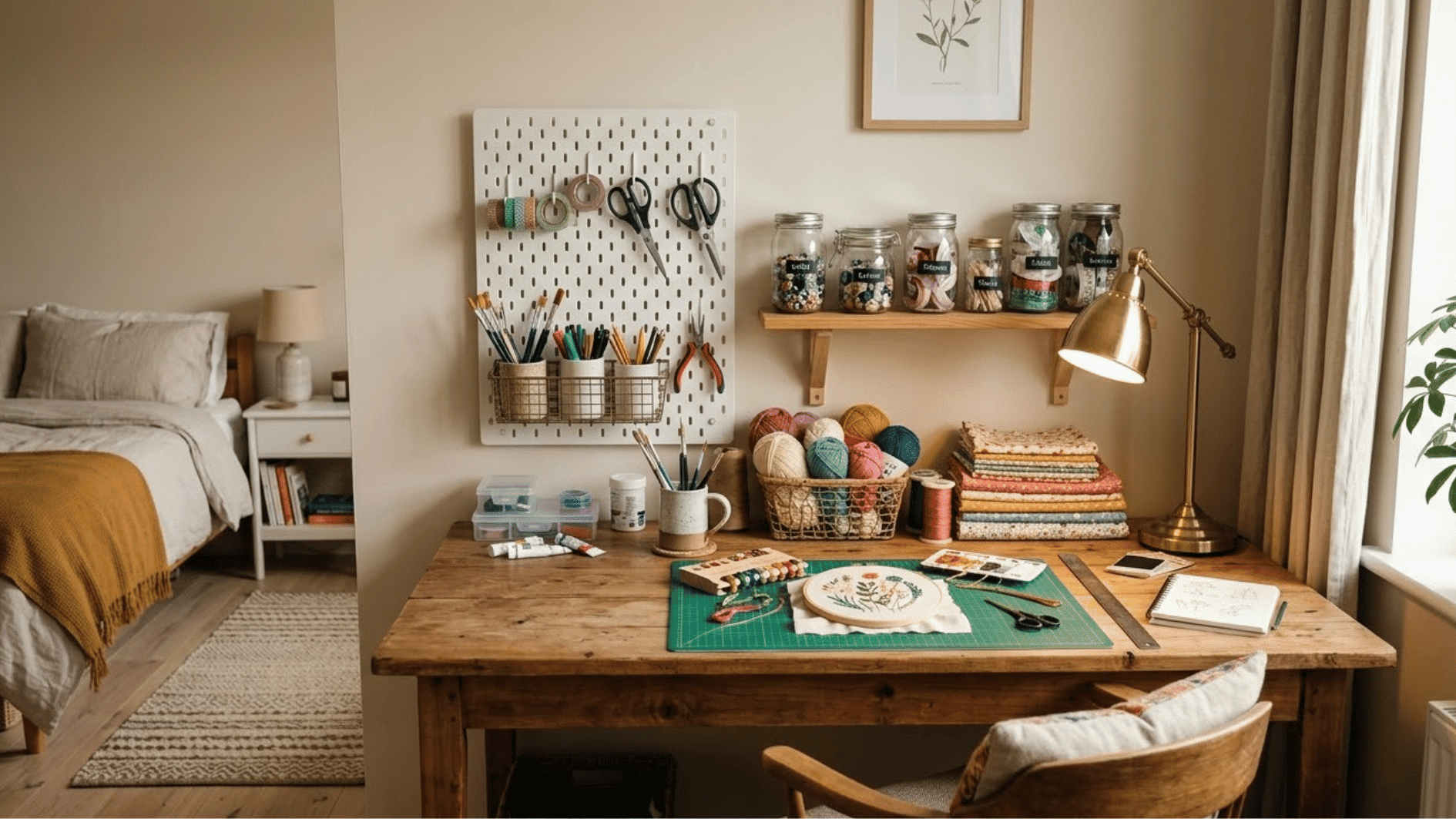 rolling cart with craft supplies tucked into a small guest bedroom corner near the closet