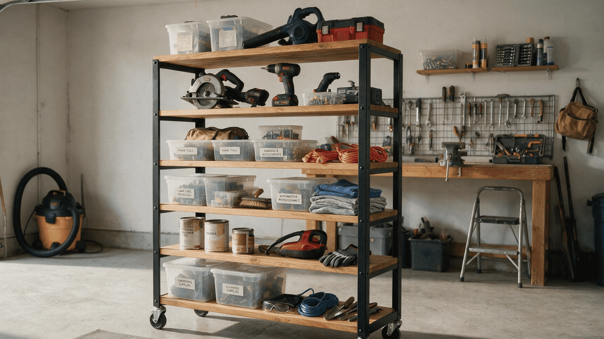 rolling garage storage shelves with tools and labeled bins arranged in an organized home workshop