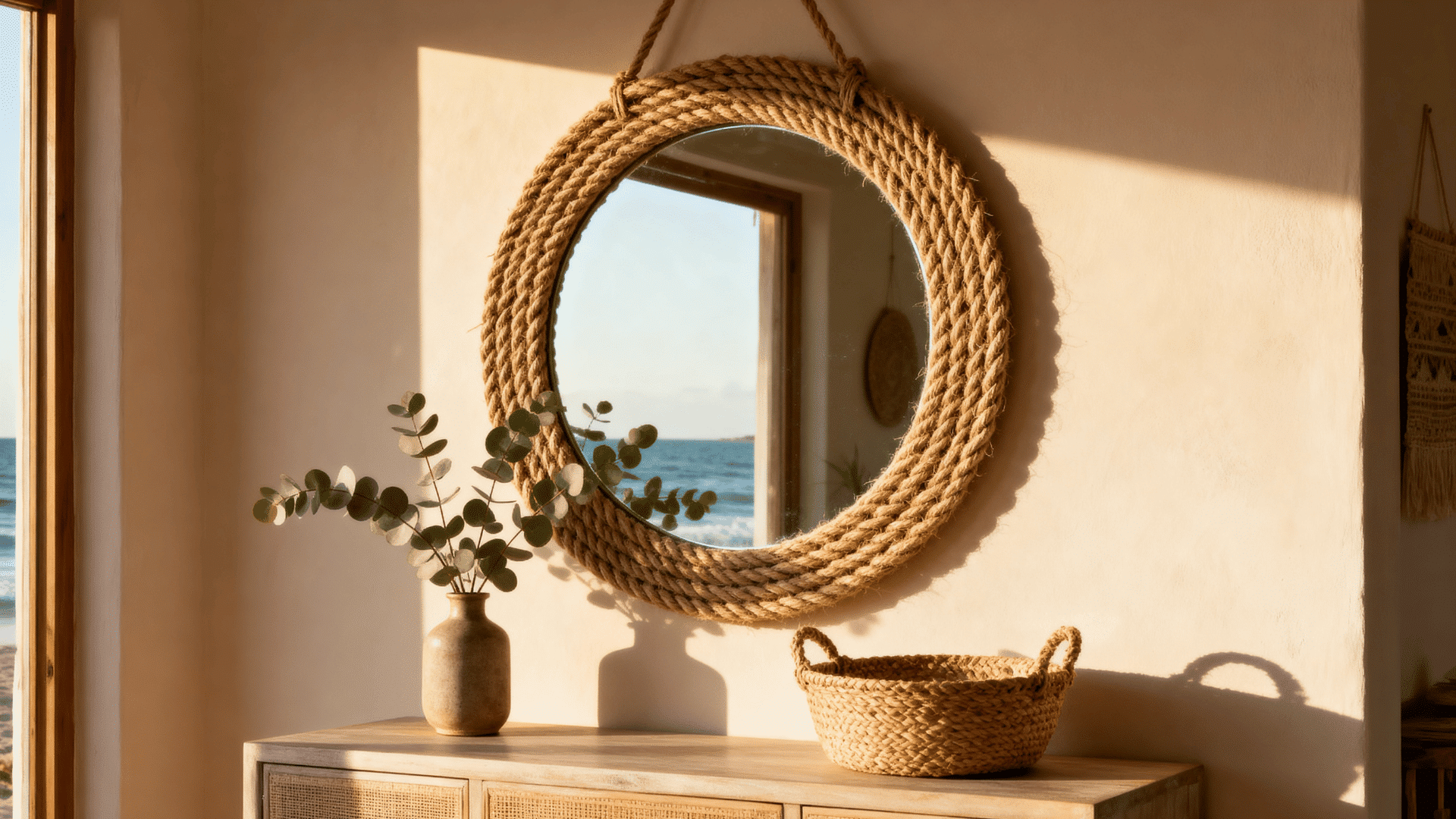 round mirror wrapped in jute rope hanging above a console table