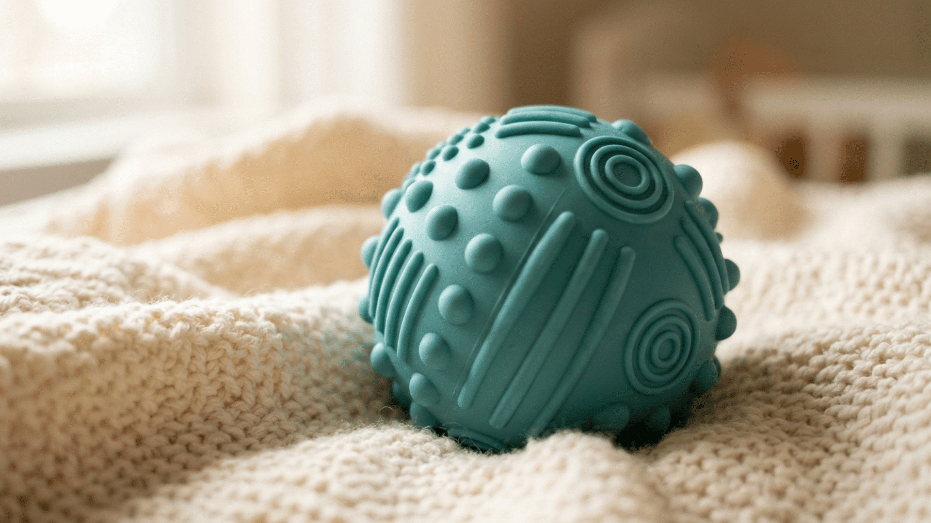 teal silicone sensory ball with raised dots, lines and spiral textures on a cream knitted blanket