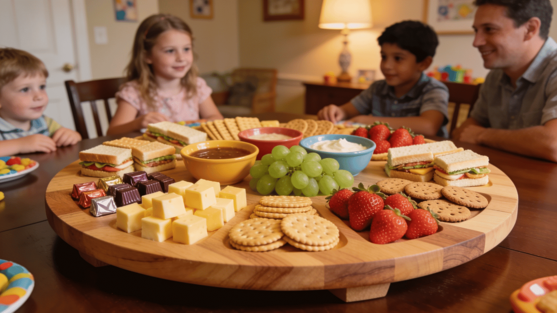 round wooden kids charcuterie board filled with party snacks fruits cheese cookies and treats