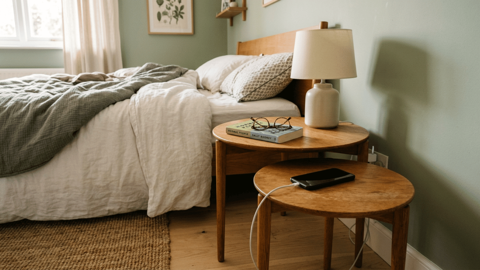 round wooden nesting nightstands beside a bed, a space-saving idea for small guest bedrooms